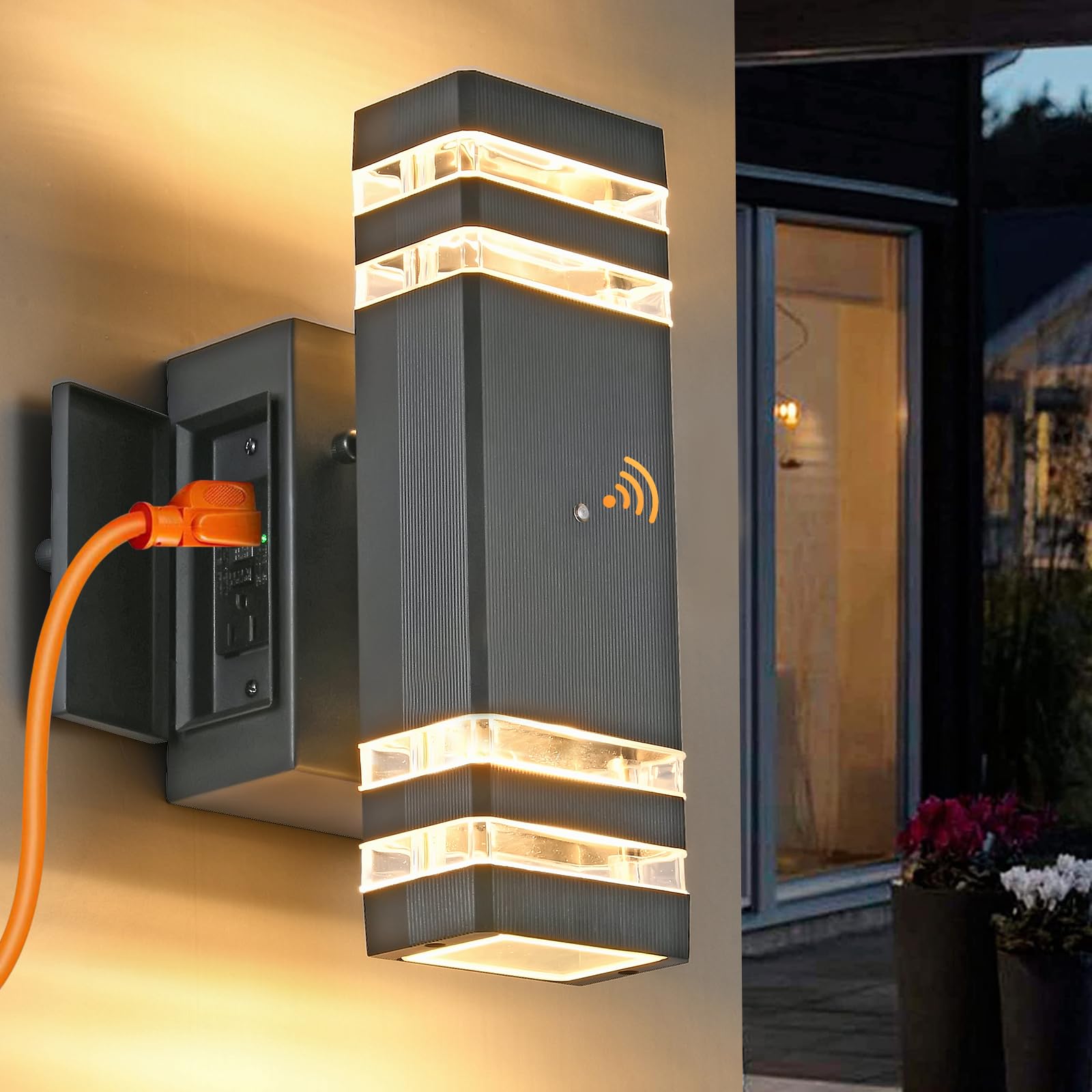 DASTOR Dusk to Dawn Porch Light Fixture with Outlet, Black Aluminum, Model DST-220401, 1 Pack