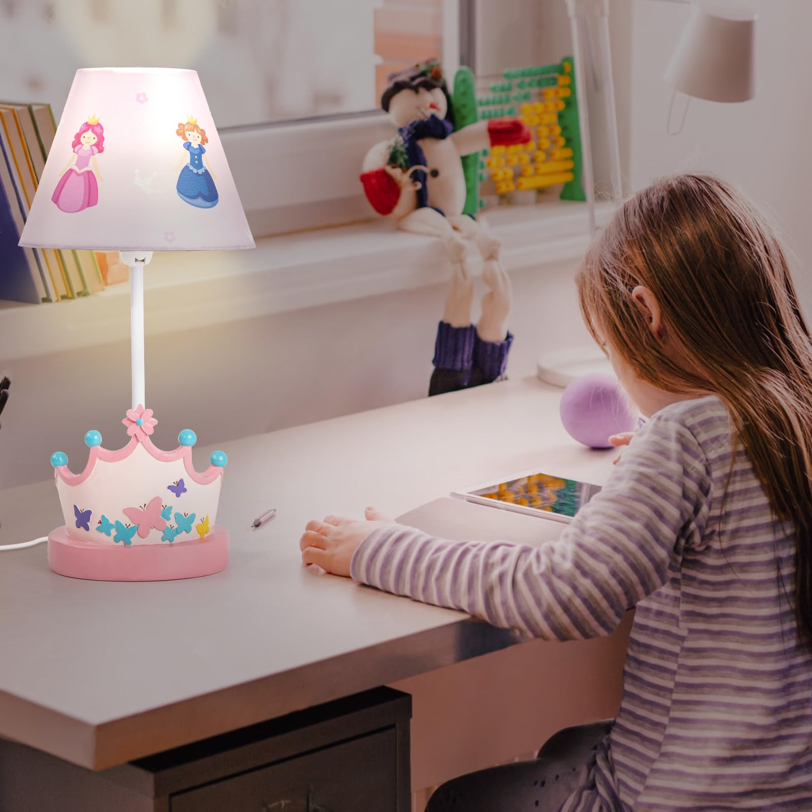 HERBESTBAY Kids Table Lamp - 16" Princess Crown Style Desk Lamp, Pink, Includes LED Bulb, Ideal for Girls Bedroom Decor, Model XZ-PC805