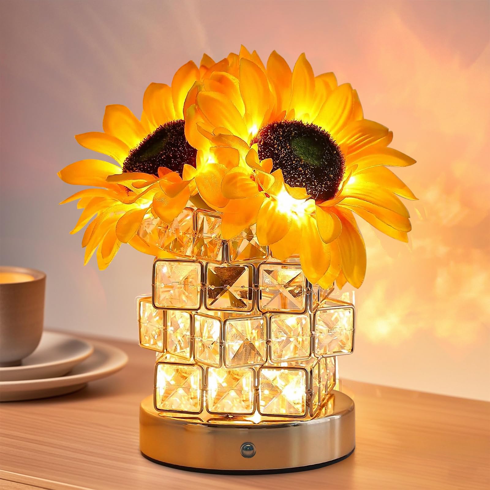 BASSI Sunflower Table Lamp, Flower Touch Lamp for Nightstand, Cordless 3 Brightness Dimmable Battery Powered Small Night Light, 
