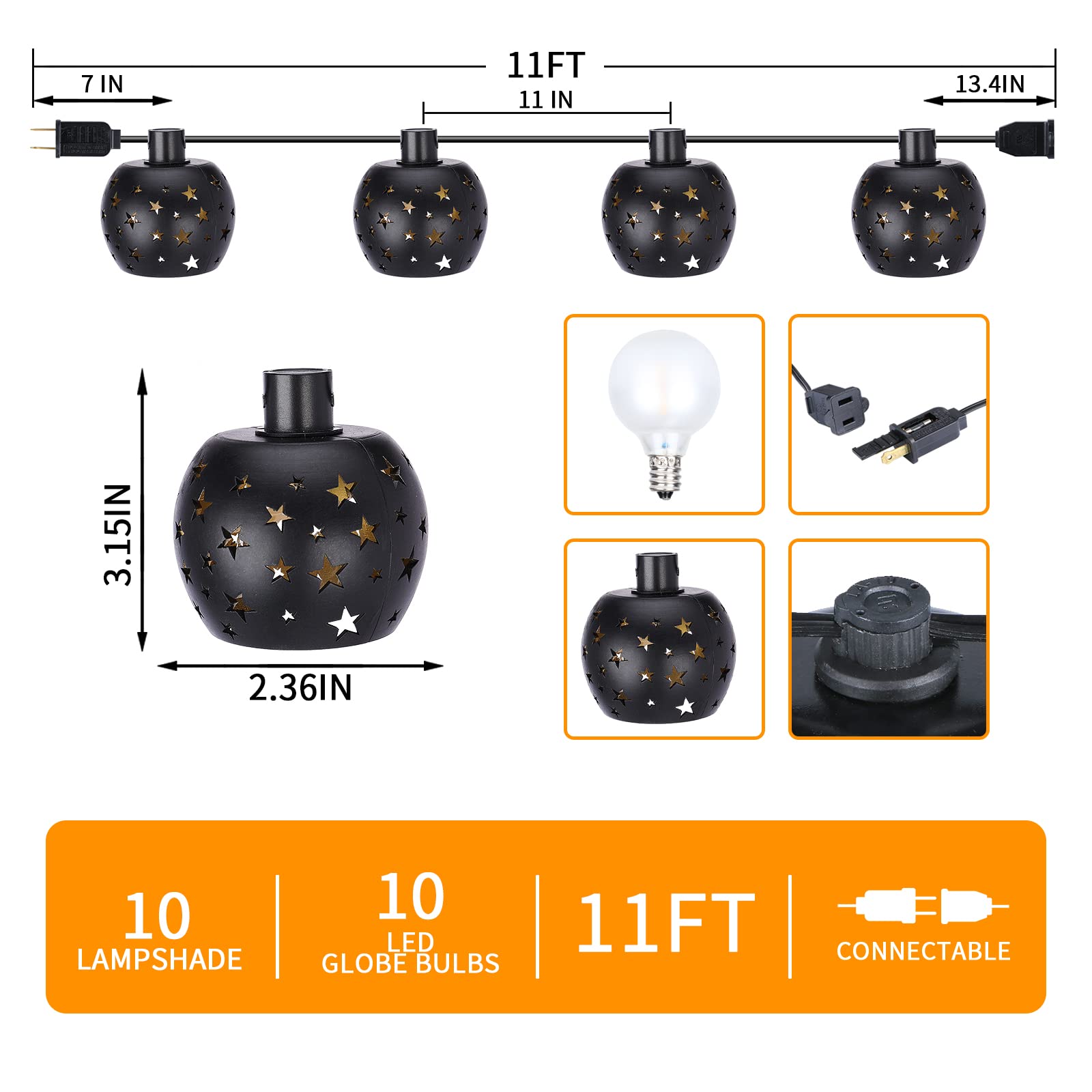 Vigdur Lantern String Lights With 10 Clear G40 Bulbs And Star Plastic Lamp Shades, Indoor Outdoor String Lights For Patio Yard C