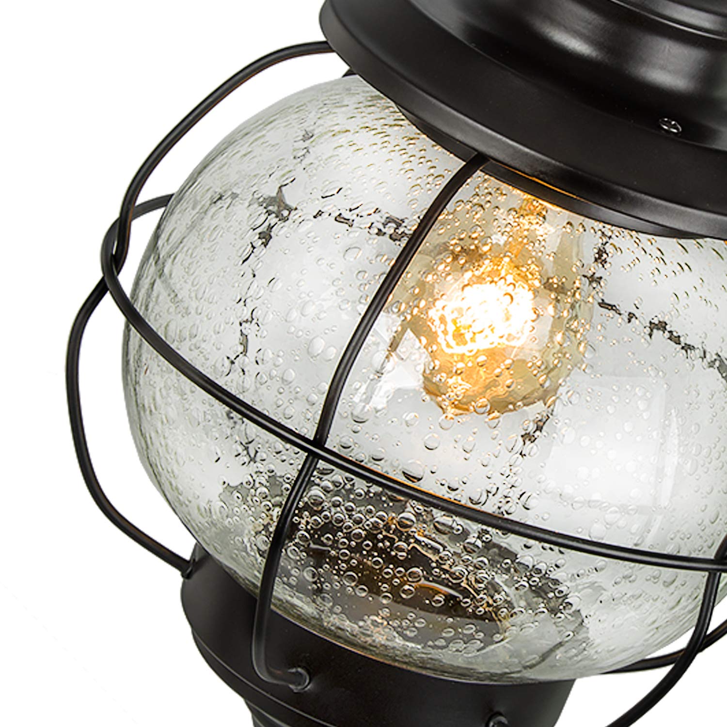 LALUZ Outdoor Pendant Light, 1-Light Black Metal Fixture with Clear Bubbled Glass Globe, Farmhouse Design for Porch, Gazebo, Patio