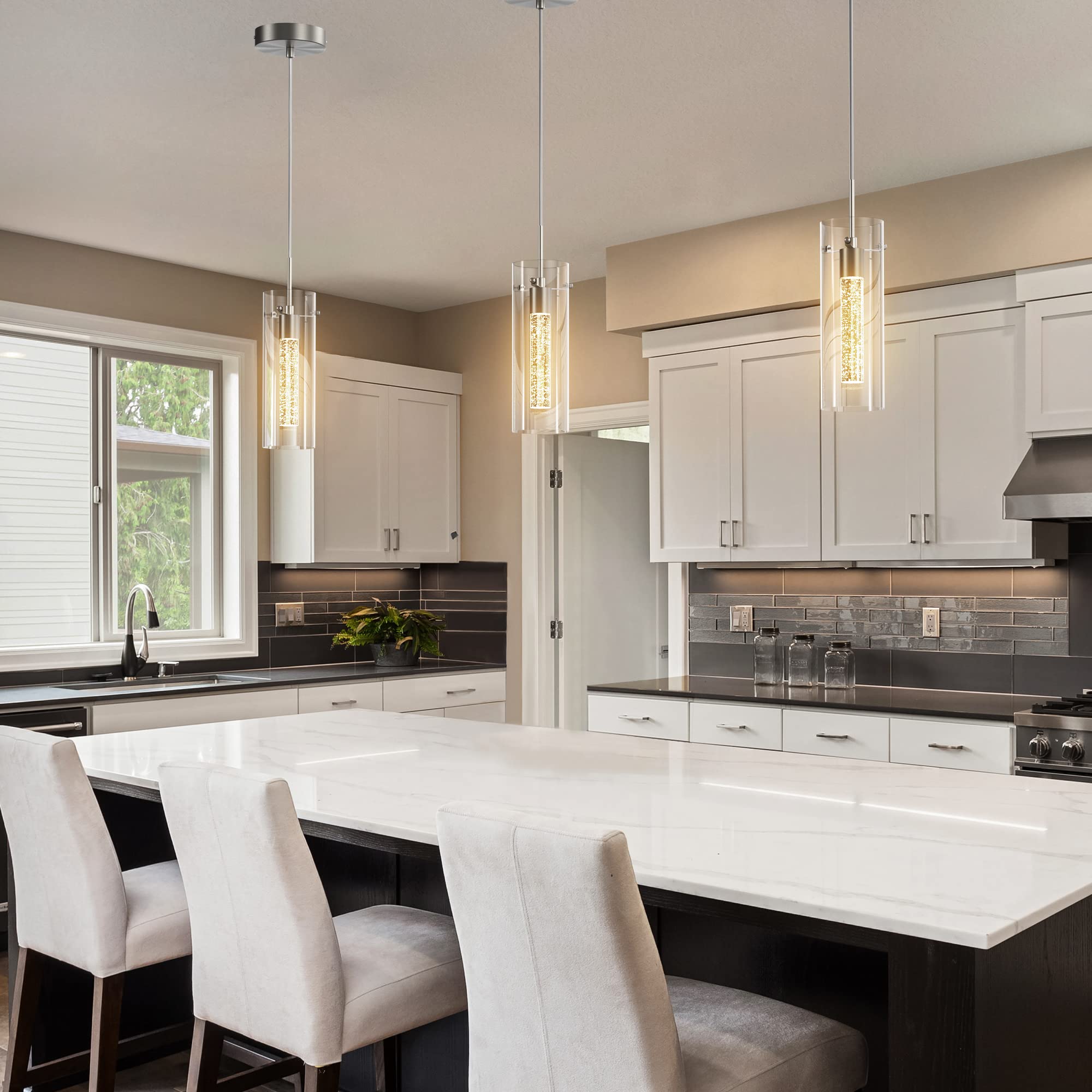 Esfos Pendant Ceiling Light Fixture - Led Crystal Pendant Lights For Kitchen Island, Modern Island Light With Bubble Glass - 3 P