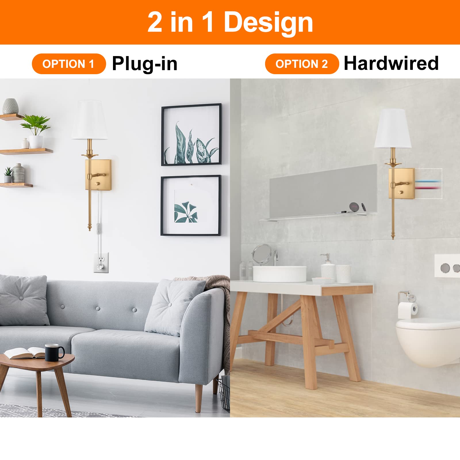 ENCOMLI Dimmable Wall Sconces Set of Two, Antique Brass, Plug-in, White Fabric Shade, LED Bulbs Included