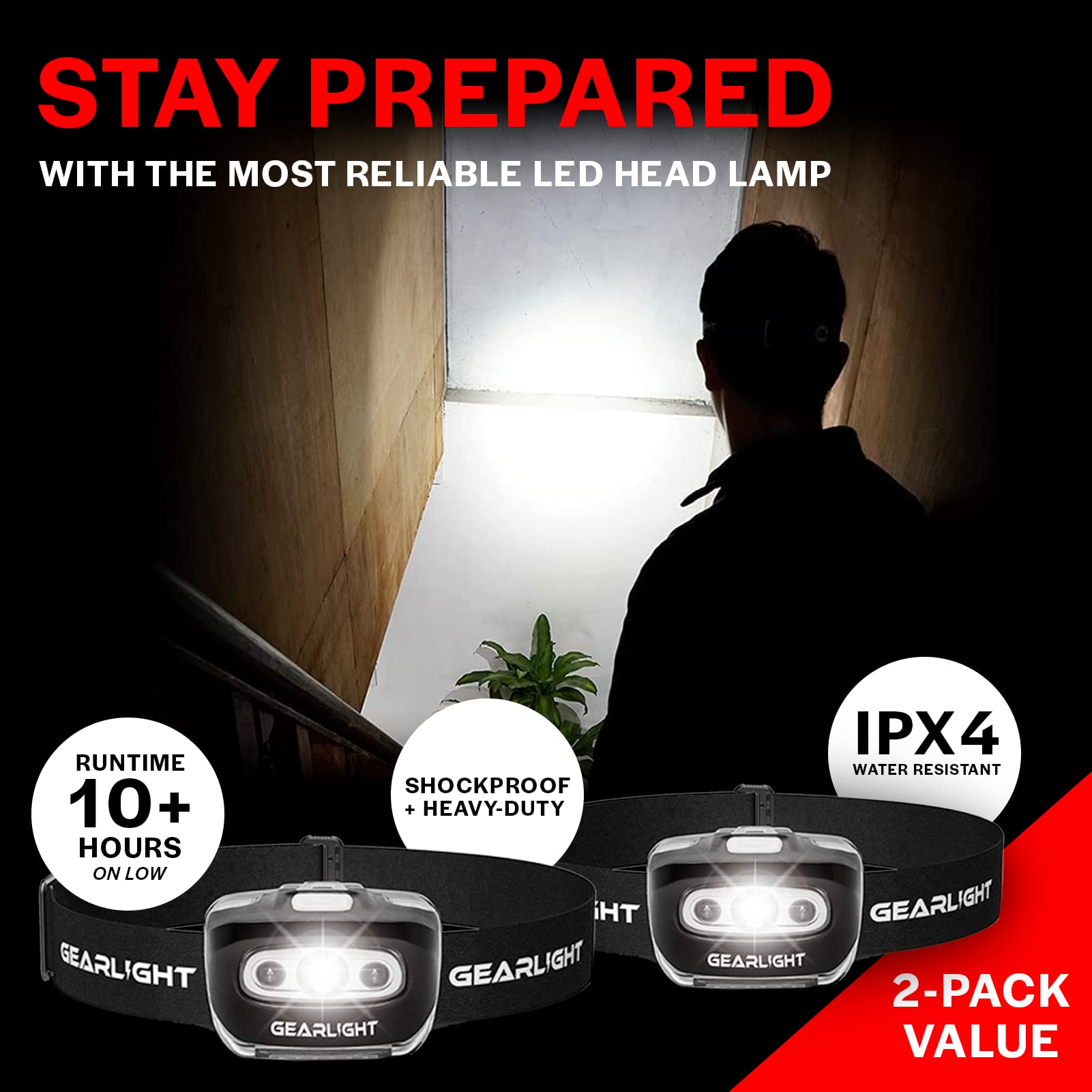 GearLight LED Headlamp 2-Pack - Adjustable, Lightweight, 7 Modes, Black, Model GL-LHS500-2P, Battery Powered