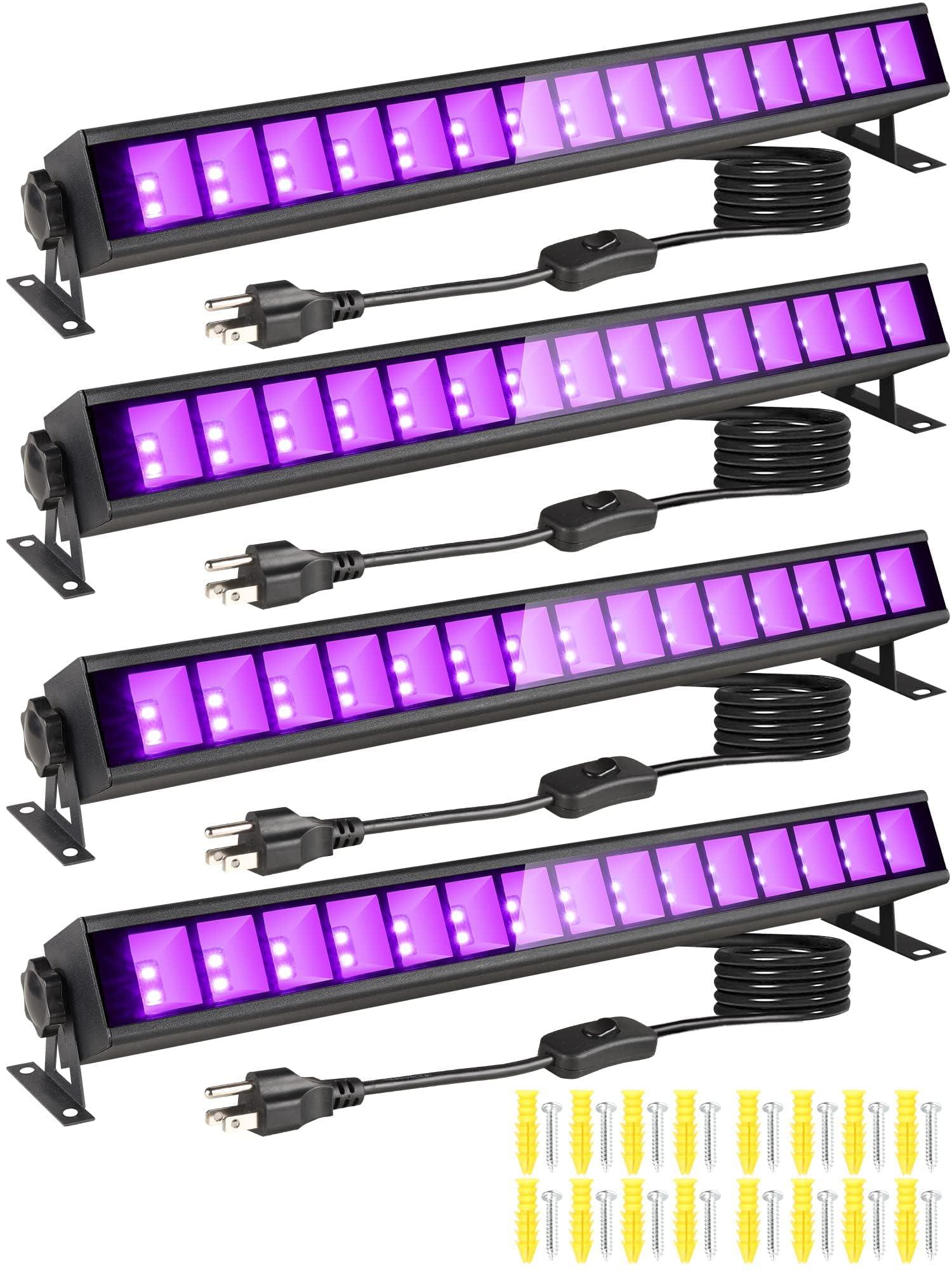 PIZHLO 30W Black Light Bar - 4 Pack, 30 LEDs, Aluminum, 5ft Cable, Perfect for Glow Parties, Body Paint & Halloween, Black