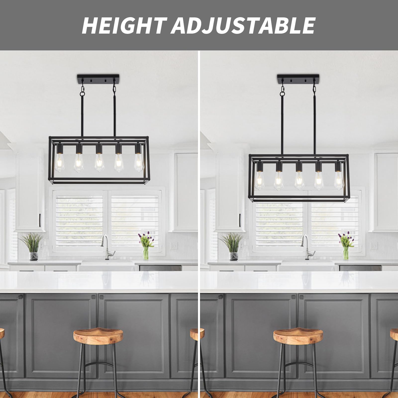 Lanhall 5-Light Kitchen Chandelier, Black Metal Pendant Light Fixture, Adjustable Height, Model 500-100-1029