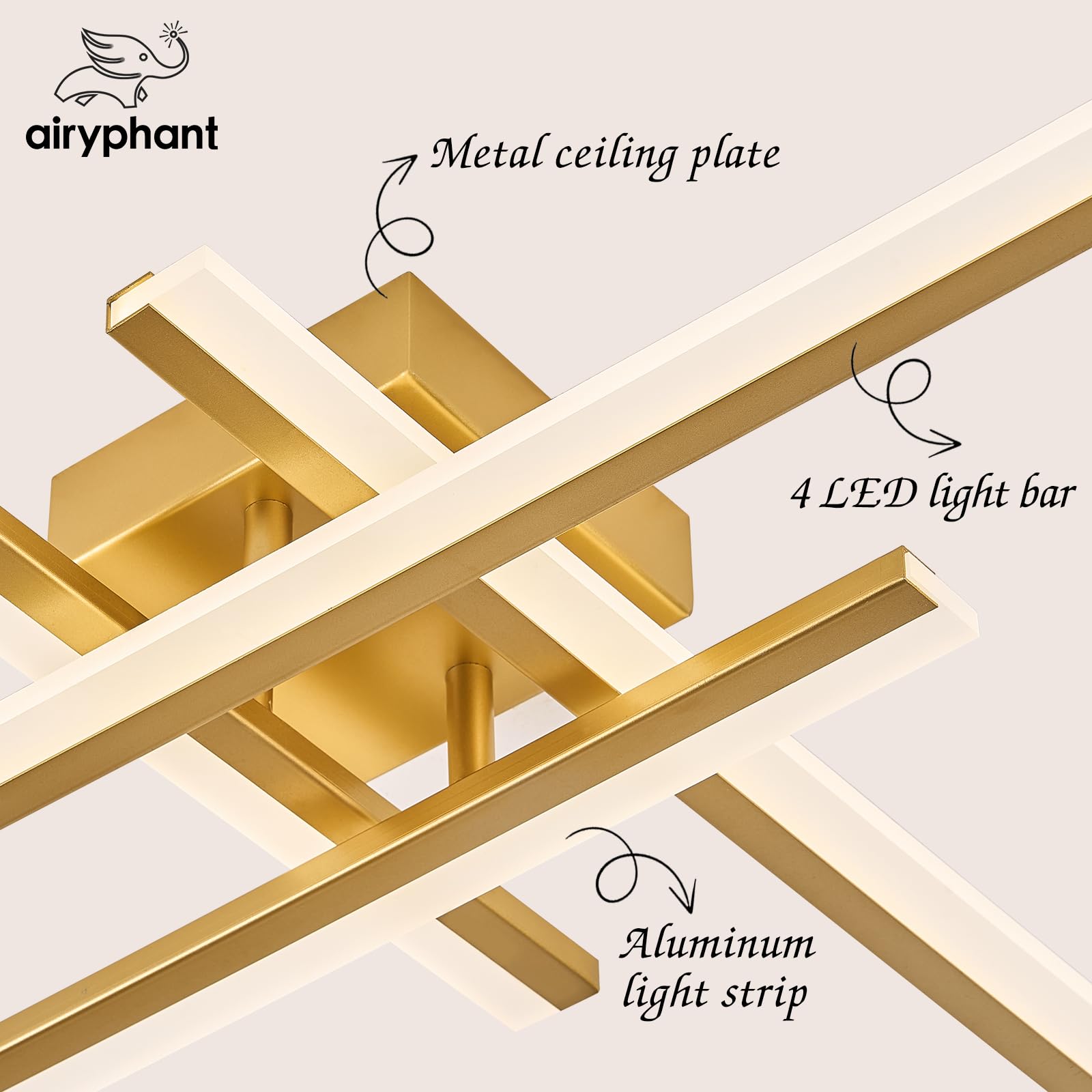 Airyphant Gold Modern Led Chandelier 4-Lights Semi-Flush Mount Ceiling Lighting Fixture 35.4  Dimmable Remote Control Ceiling Light For Living Room Bedroom Kitchen Foyer