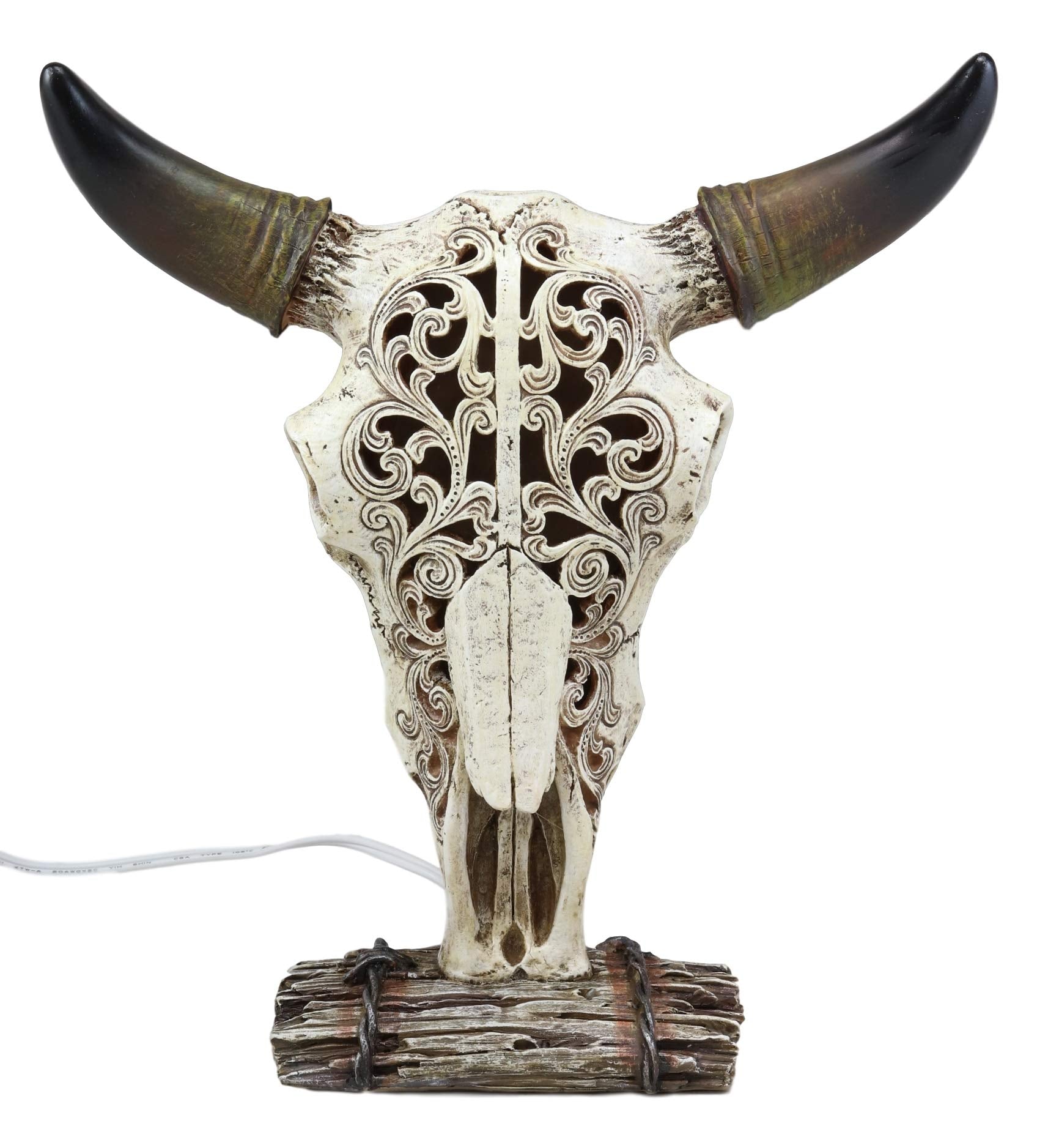 Ebros 12.5" Tall Southwest Aged Bone Tooled Filigree Lace Design Steer Bison Buffalo Bull Cow Horned Skull Head Night Light Lamp Centerpiece Side Table Decor Statue Skulls Western Accent Lighting