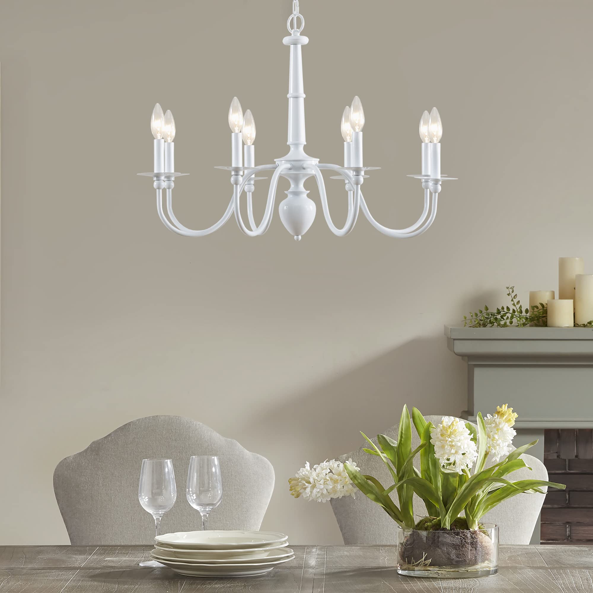 Martha Stewart Glossy White Farmhouse Chandelier, 8 Bulb Adjustable Ceiling Light Fixture
