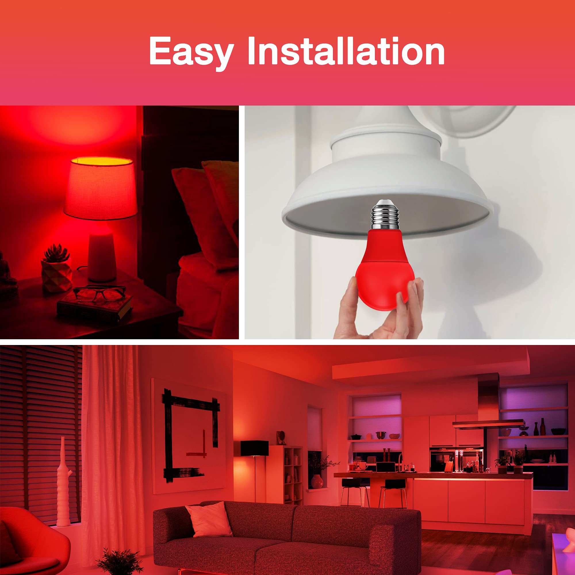 EvaStary LED Red Light Bulb, 9W A19 E26 Base, 60W Equivalent, 2 Count, Ideal for Halloween, Christmas, Party, and Mood Lighting