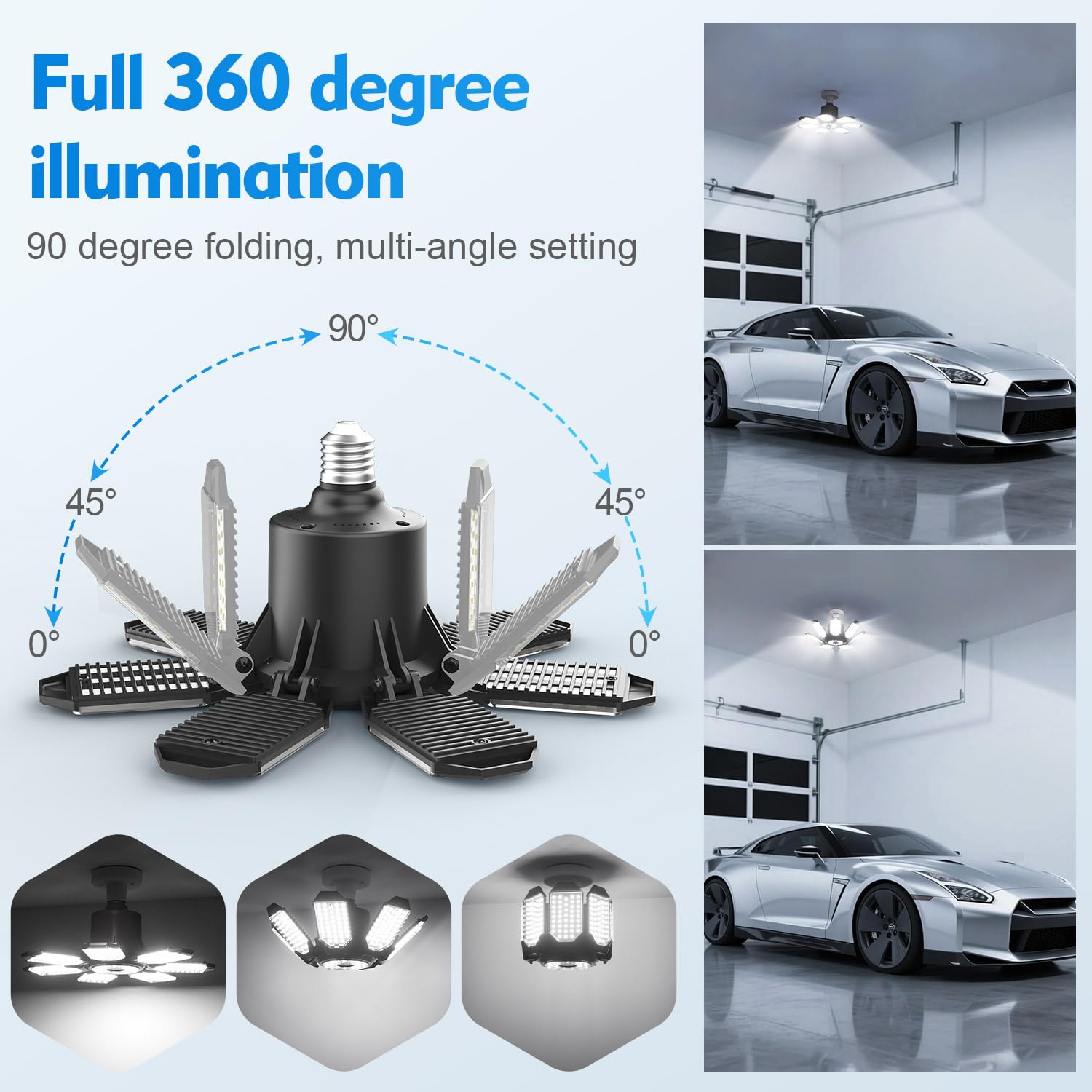 TANBABY 250W LED Garage Lights 2 Pack, 30000LM Deformable Ceiling Light, E26/E27, Black, Model T-180X
