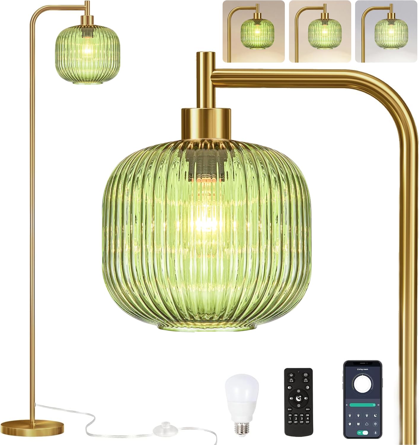 Qiyizm Brass Dimmable Floor Lamp Gold Glass,Tall Lamp Mid Century Modern Retro Standing Lamp With Remote Green Floor Light Lamp 