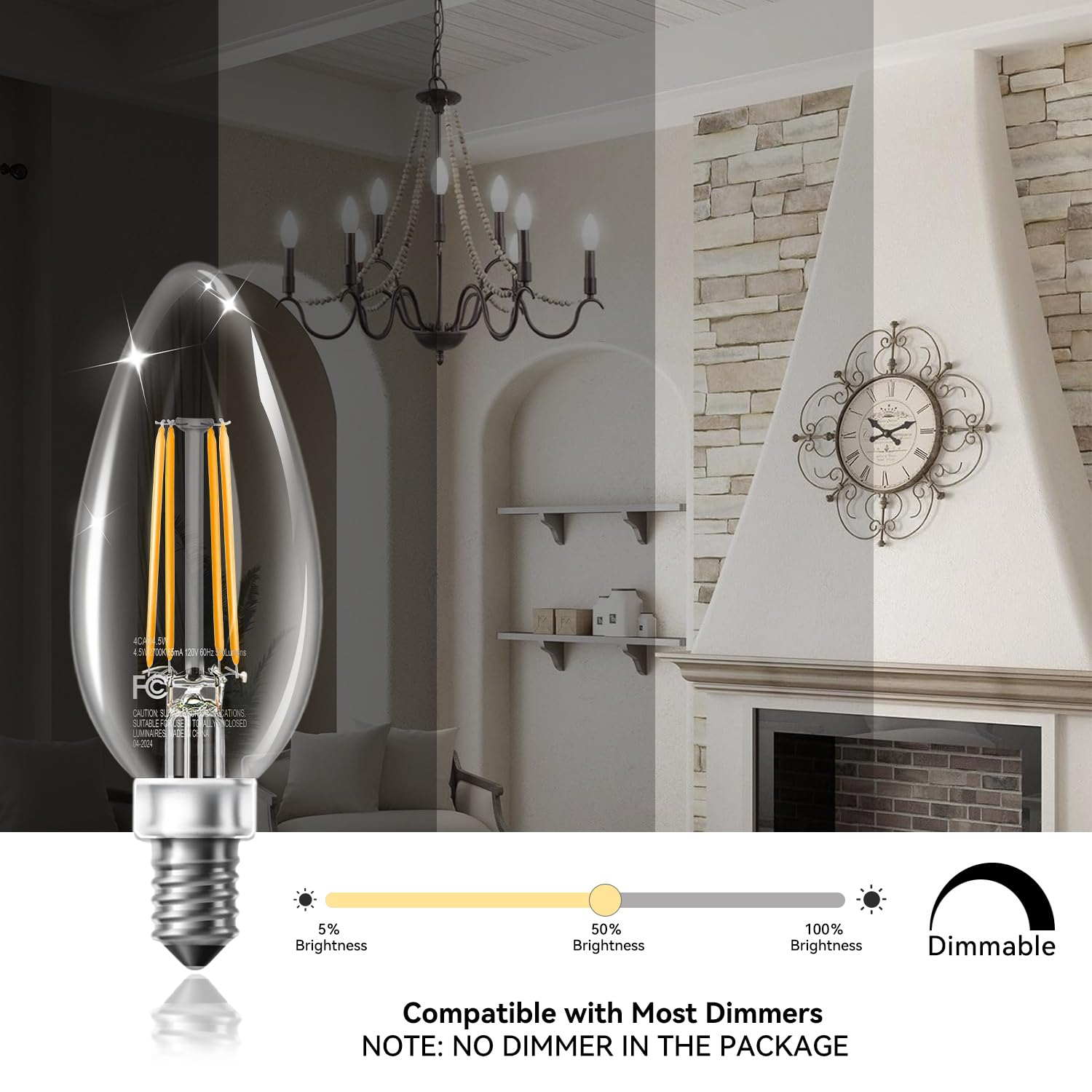 Tjoy Led Candelabra Bulbs Dimmable, 60W Equivalent Chandelier Light Bulbs, 4.5W 5000K Daylight, 500Lm, E12 Base, B11 Vintage Led