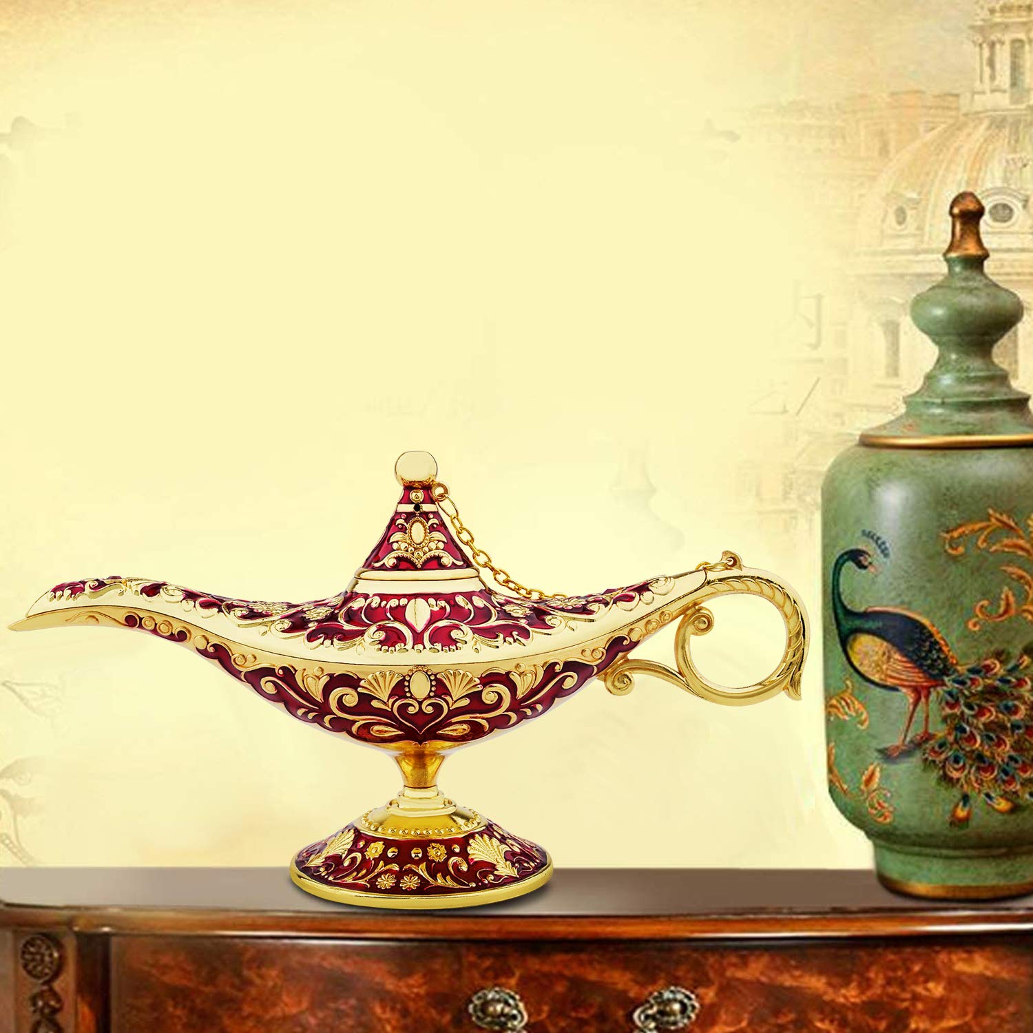 SUNMALL Vintage Aladdin Lamp, Collectible Arabian Decor, Red, Ideal for Home, Wedding, Halloween, Birthday Gifts