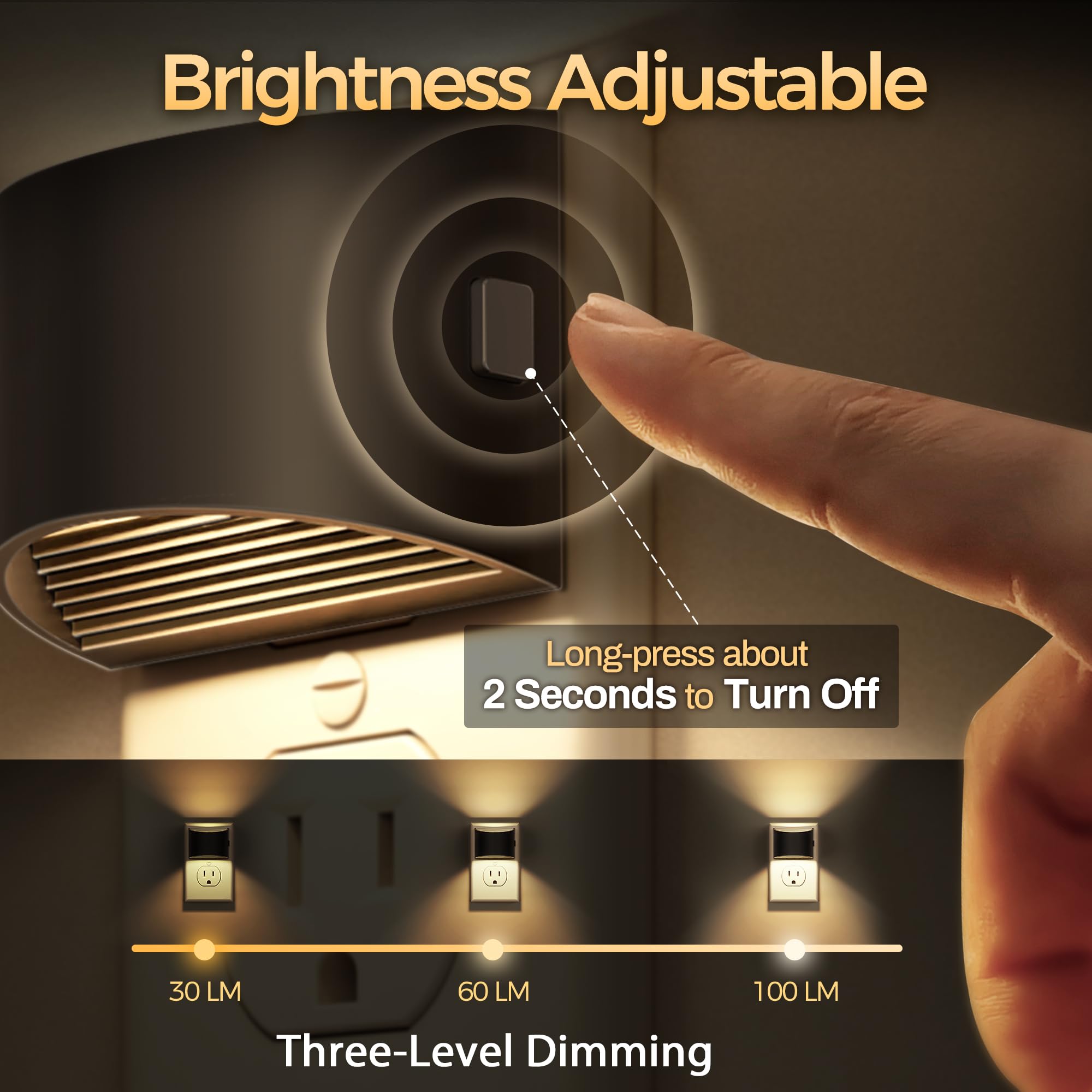 DORESshop LED Night Light - Dusk to Dawn Sensor, 3 Level Brightness, Warm White, 4 Count, Plastic, Ideal for Bedroom, Bathroom, Hallway