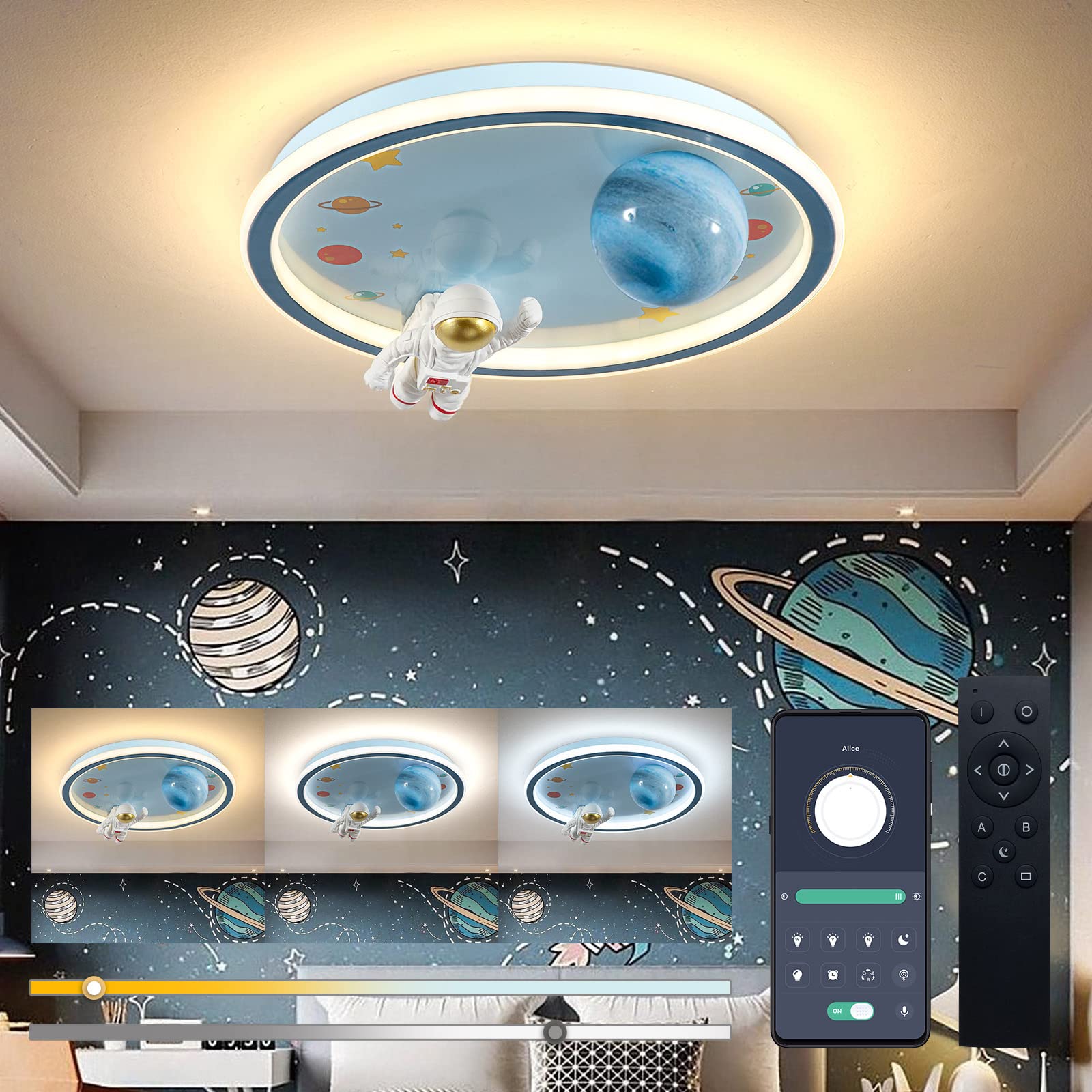 ONEELDY 20inch Astronaut Ceiling Light Kids Flush Mount Ceiling Lighting Fixtures Dimmable LED Mounting Lamp for Childrens Room,