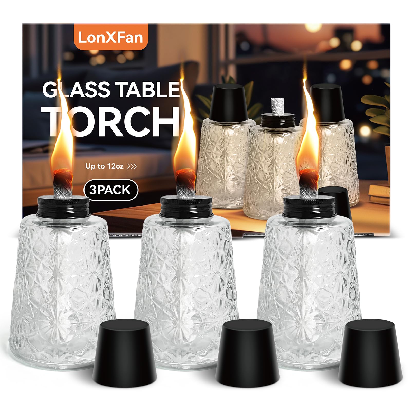 3 Pack Glass Outside Table Top Torch, Tabletop Citronella Oil Torches for Outside Replacement Fuel Torch Canisters with Wicks an