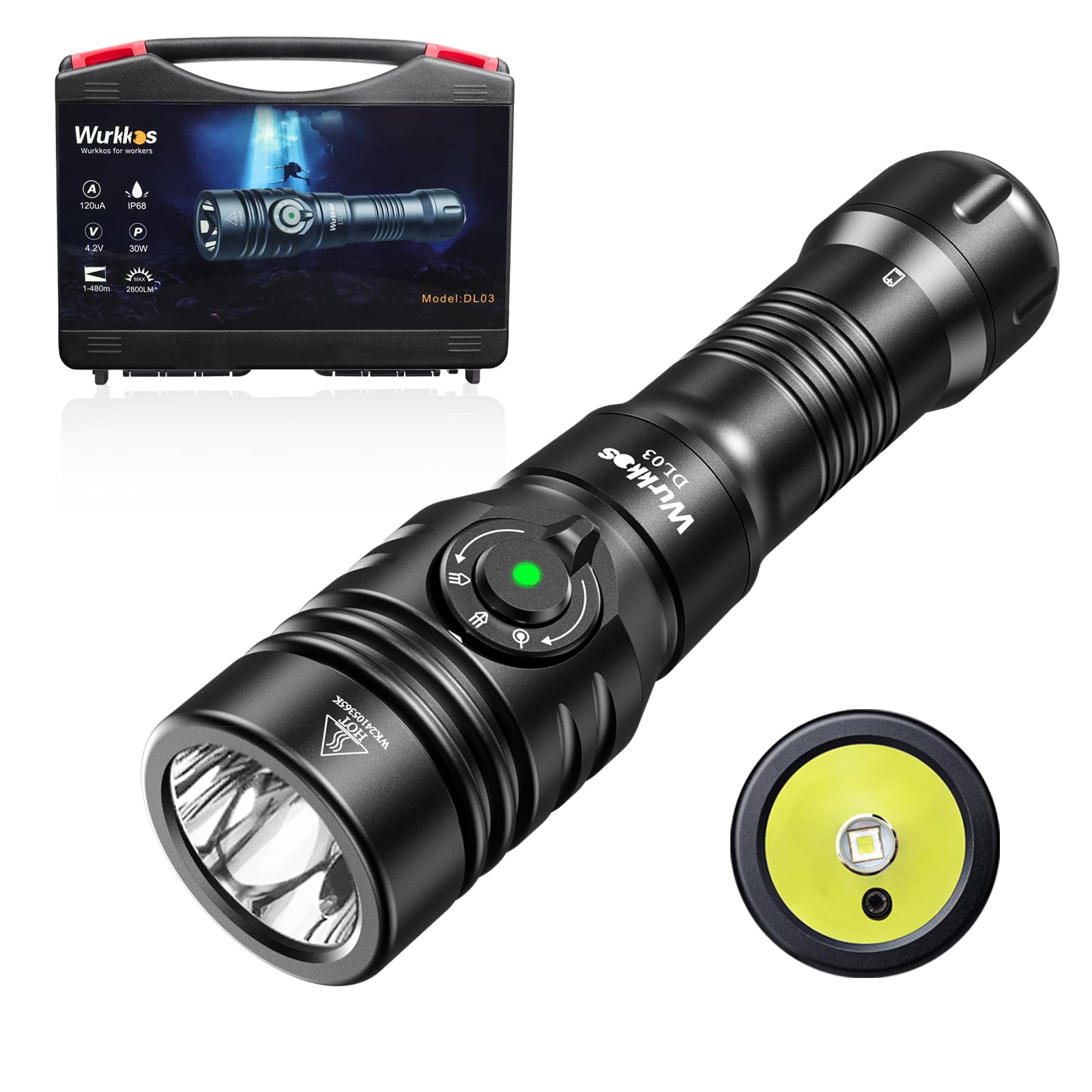 Wurkkos DL03 Dive Light  2800 Lumens Scuba Diving Light  1000M Green Beam and White Combo with Power Indicator  Type-C Rechargeable  IPX8 Waterproof for Night Dive Training Instructor Cave Exploration