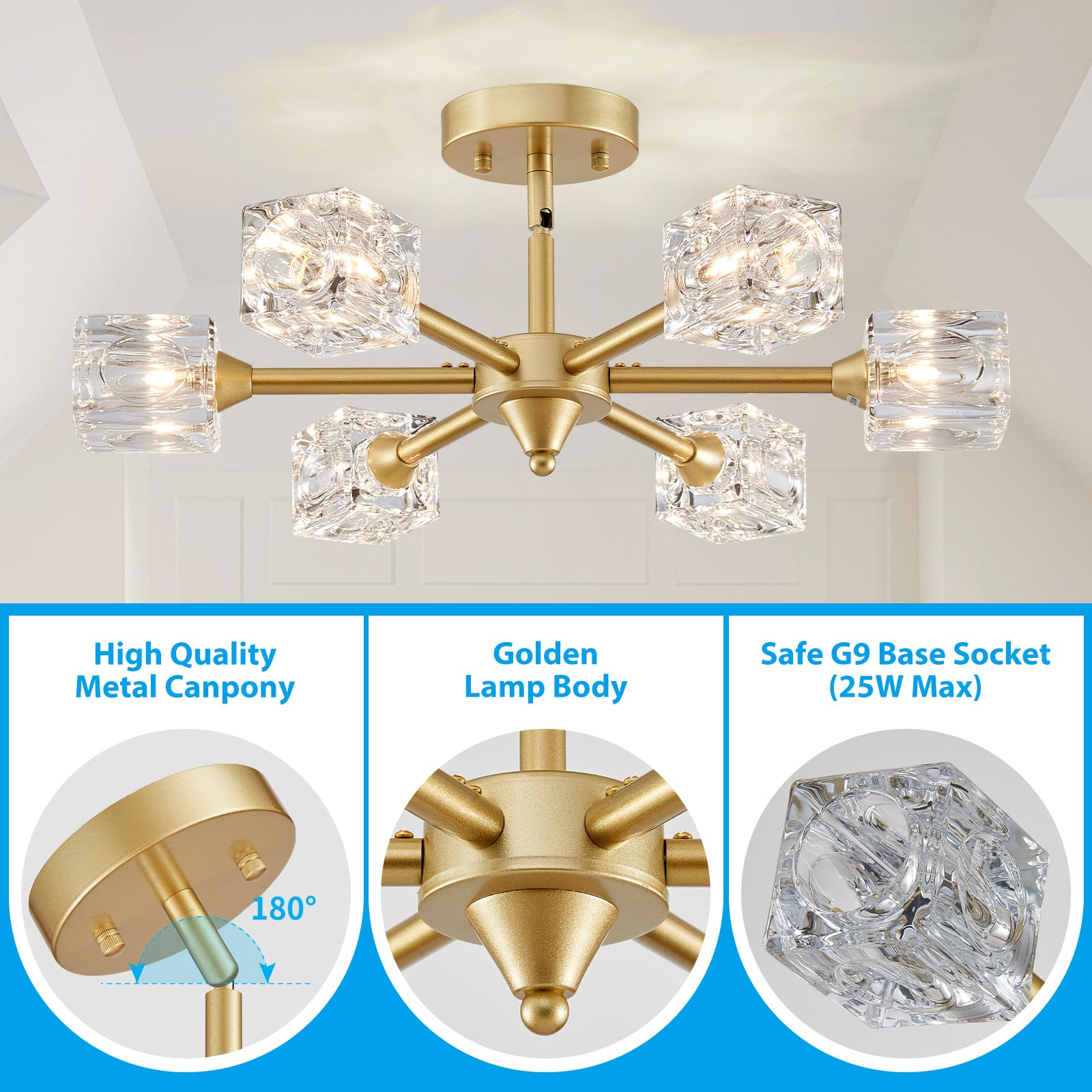Xingqi Gold Glass Chandelier Sputnik 6-Light Mid Century Semi Flush Mount Ceiling Light Fixture 22'' Modern Ceiling Lighting For