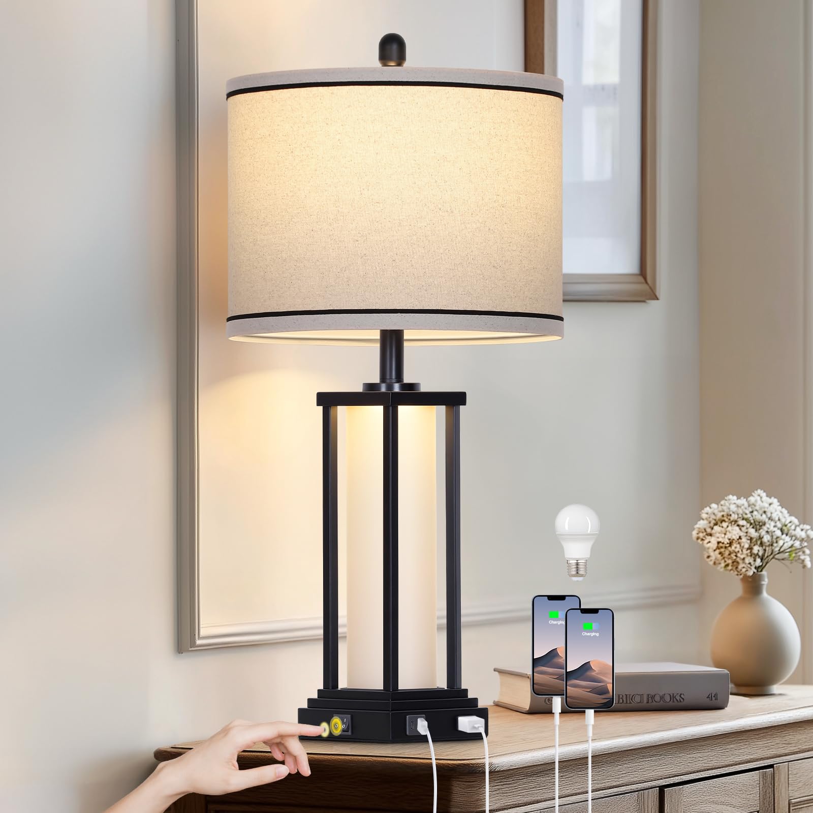 luxeflow 27in Tall Farmhouse Table Lamp with USB C+A & Outlet Black Industrial End Table Lamp for Living Room Vintage Rustic Bedside Lamp with Night Light for Bedroom Nightstand Single Black
