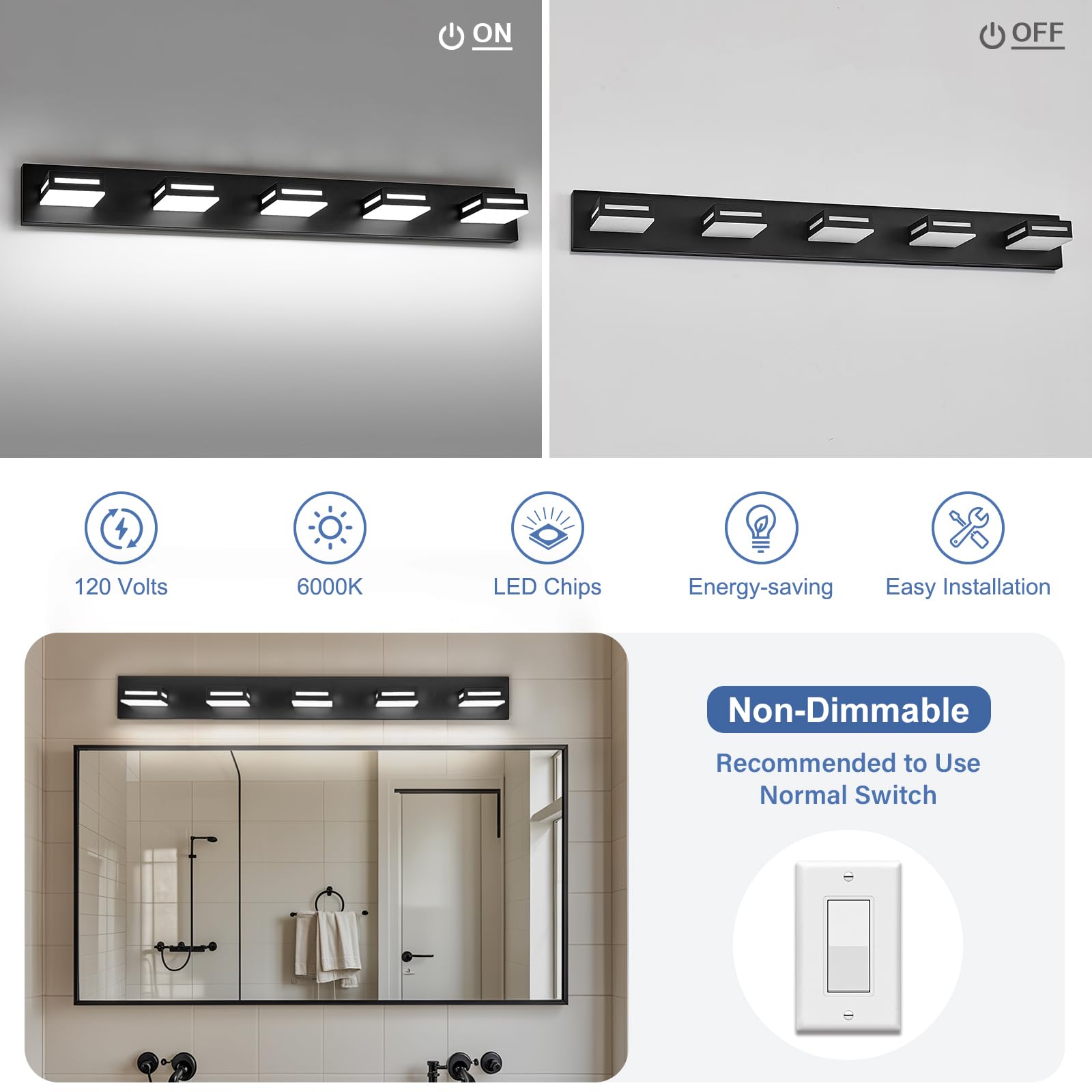 Donrao 40-Inch 5-Light Led Modern Black Bathroom Vanity Light Fixtures Over Mirror  Bathroom Lighting Fixtures With Cool White 6000K  Vanity Wall Lights For Bath Restroom Powder Room