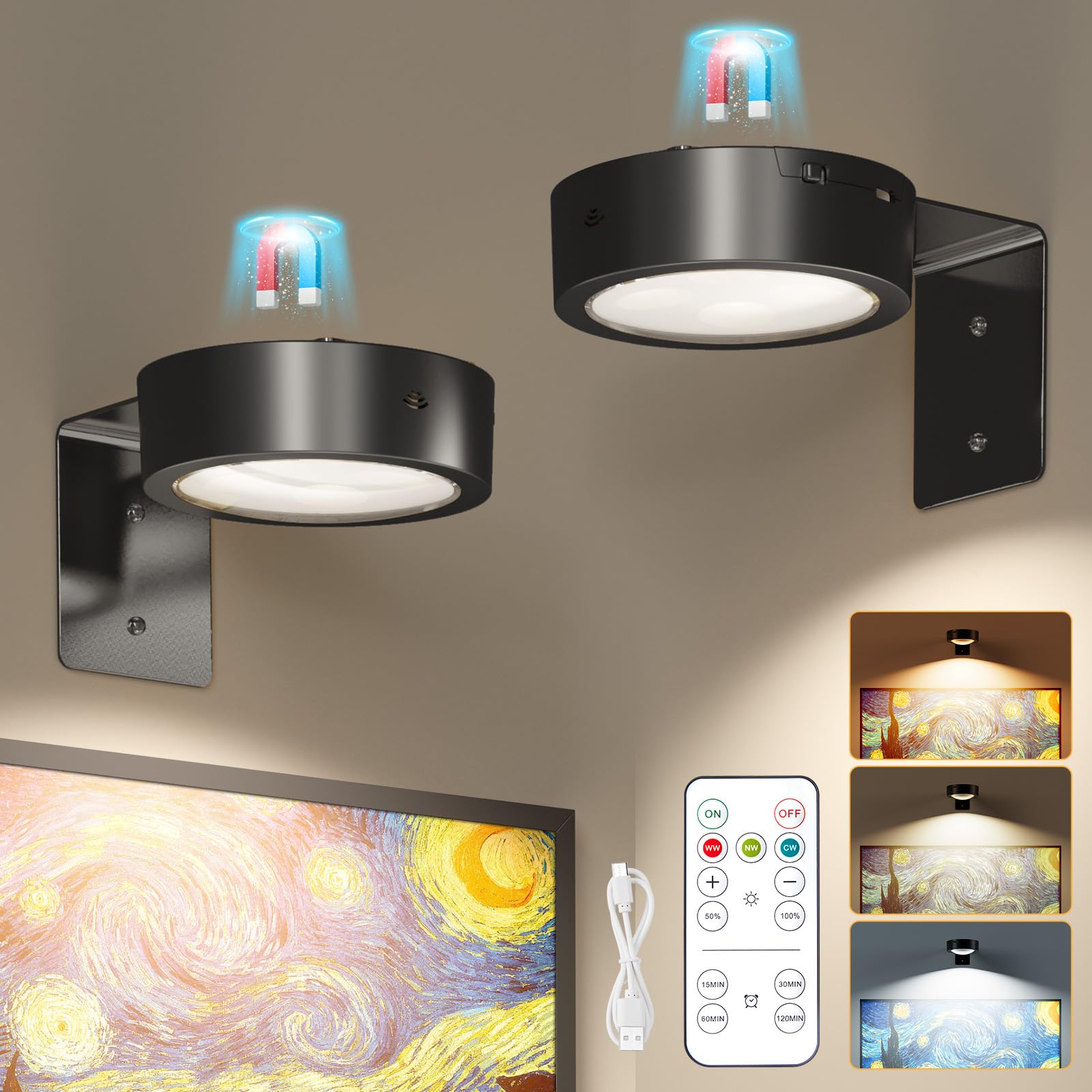 Brightown Picture Lights 2-Pack, Magnetic Wall Art Lights with Remote, Dimmable, Timer, Black, Model BLACK-2PCS