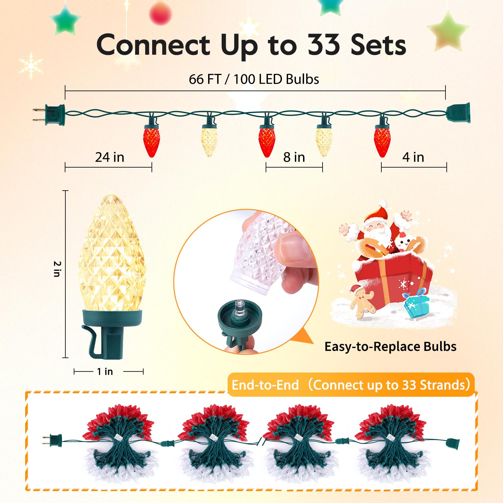 Brightown C9 LED String Lights, 66ft, 100 Waterproof Lights, Green Wire, Red & Warm White, Model 5-100-2F/B-033