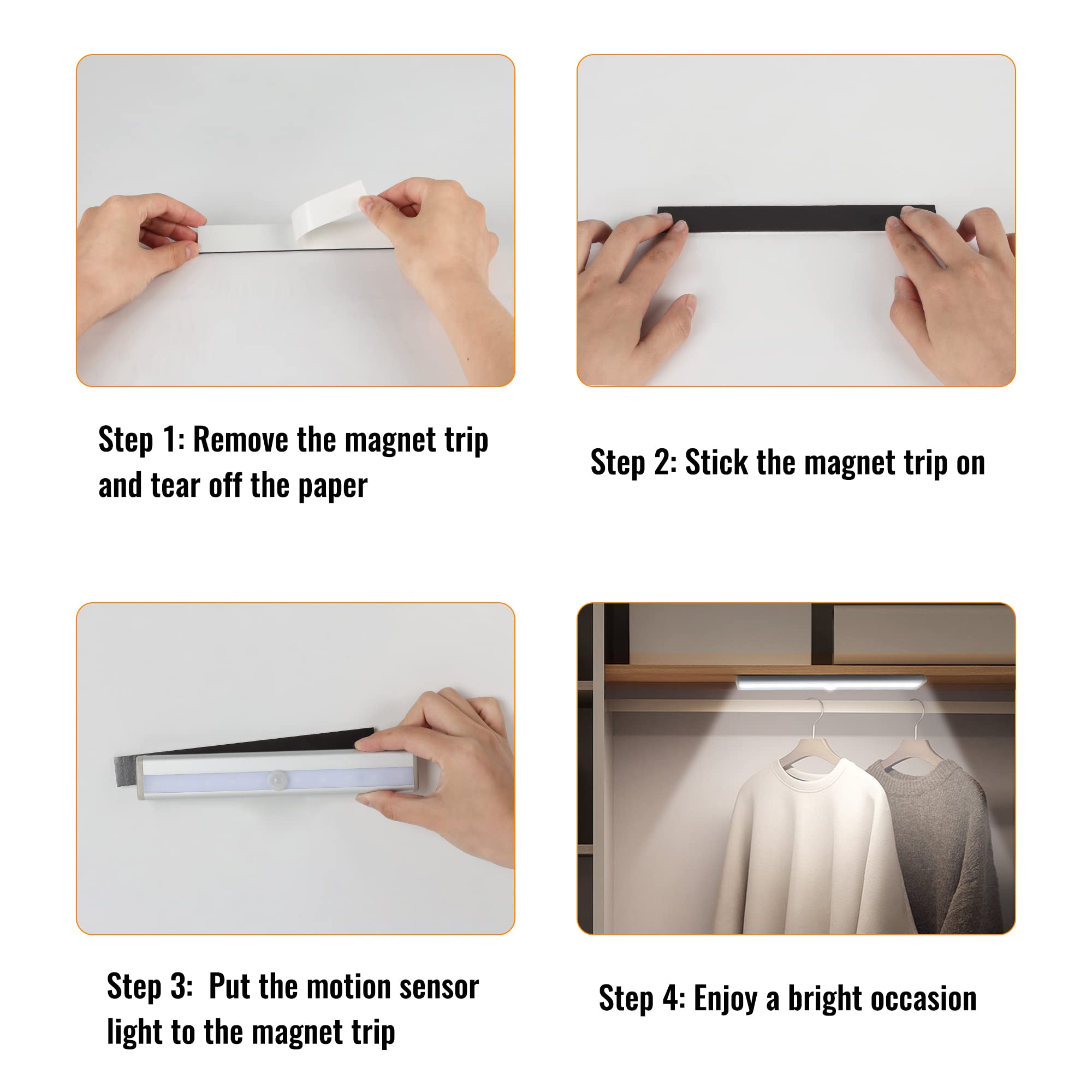 Molrebe Motion Sensor LED Lights, 10-LED Magnetic Night Light Bar, Battery Operated for Closet, Kitchen, Hallway, Pack of 6, ABS Material