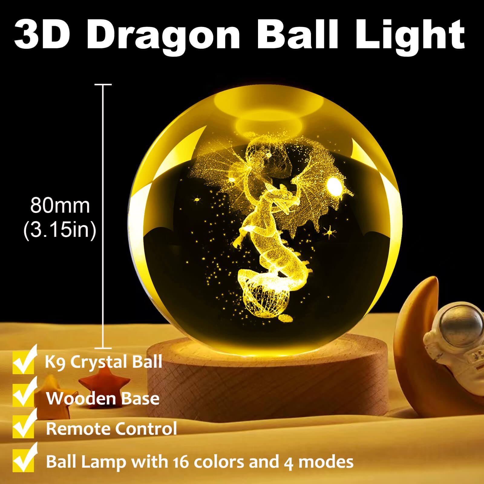 Linsina Dragon Lamp, 80Mm 16 Colors Crystal Ball Night Light With Wooden Base And Remote Control, Birthday Gift And Dragon Gifts