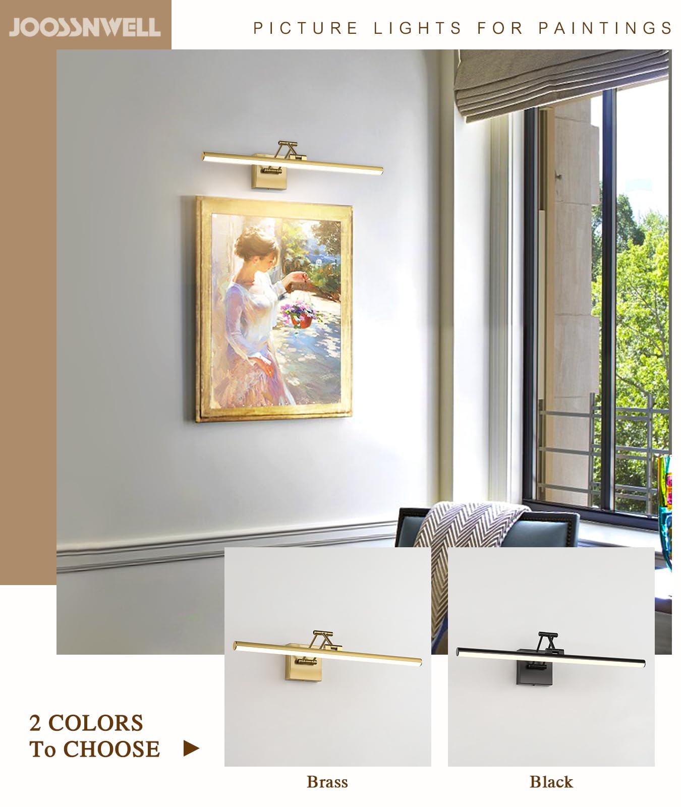 Joossnwell Hard-Wired Picture Light For Wall Brass Art Lighting Dimmable Gallery Light 23.62 Inch Picture Frame Light With Adjustable Swing Arm For Painting Library Display Artwork Museum Warm White