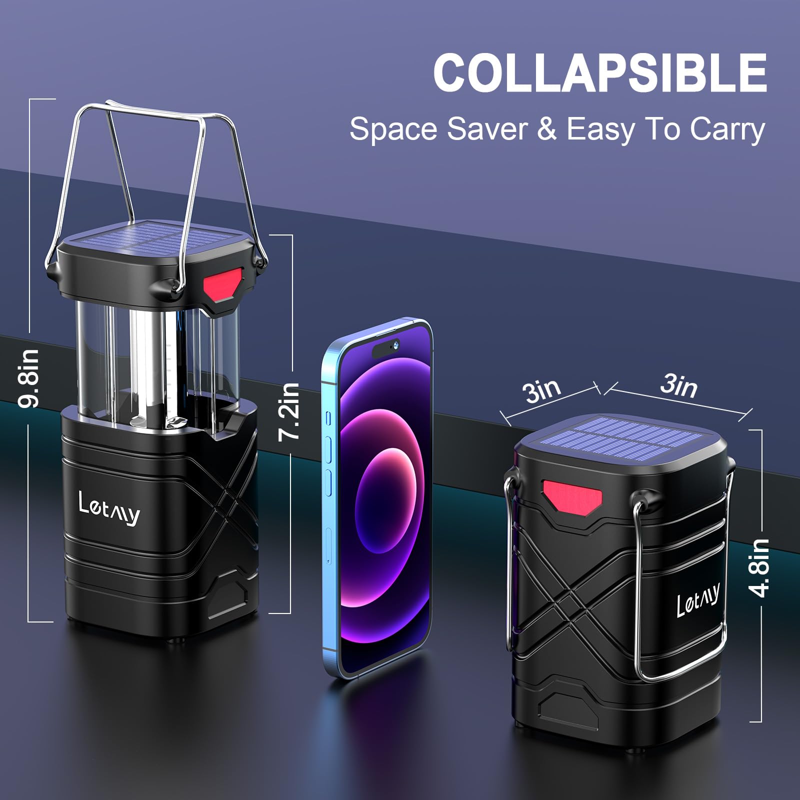 LETMY 4 Pack Rechargeable LED Camping Lanterns, Solar & USB Powered, Metal, Black, Model X2500, Ideal for Emergencies & Power Outages