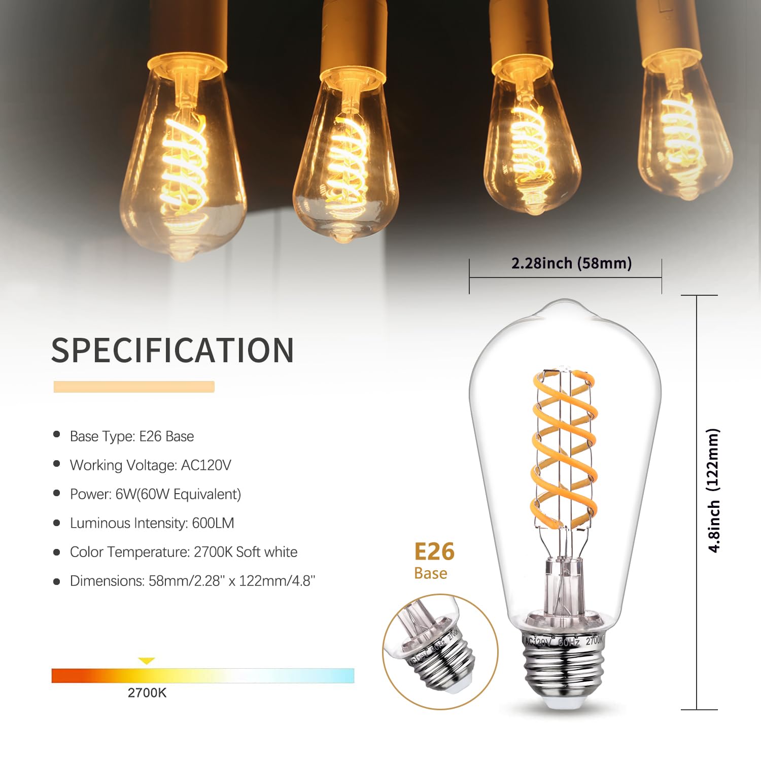 Austin Coast 8 Pcs Dimmable Vintage Led Edison Bulbs, 6W Equivalent 60 Watt, Warm White 2700K, Antique Flexible Spiral Led Filam