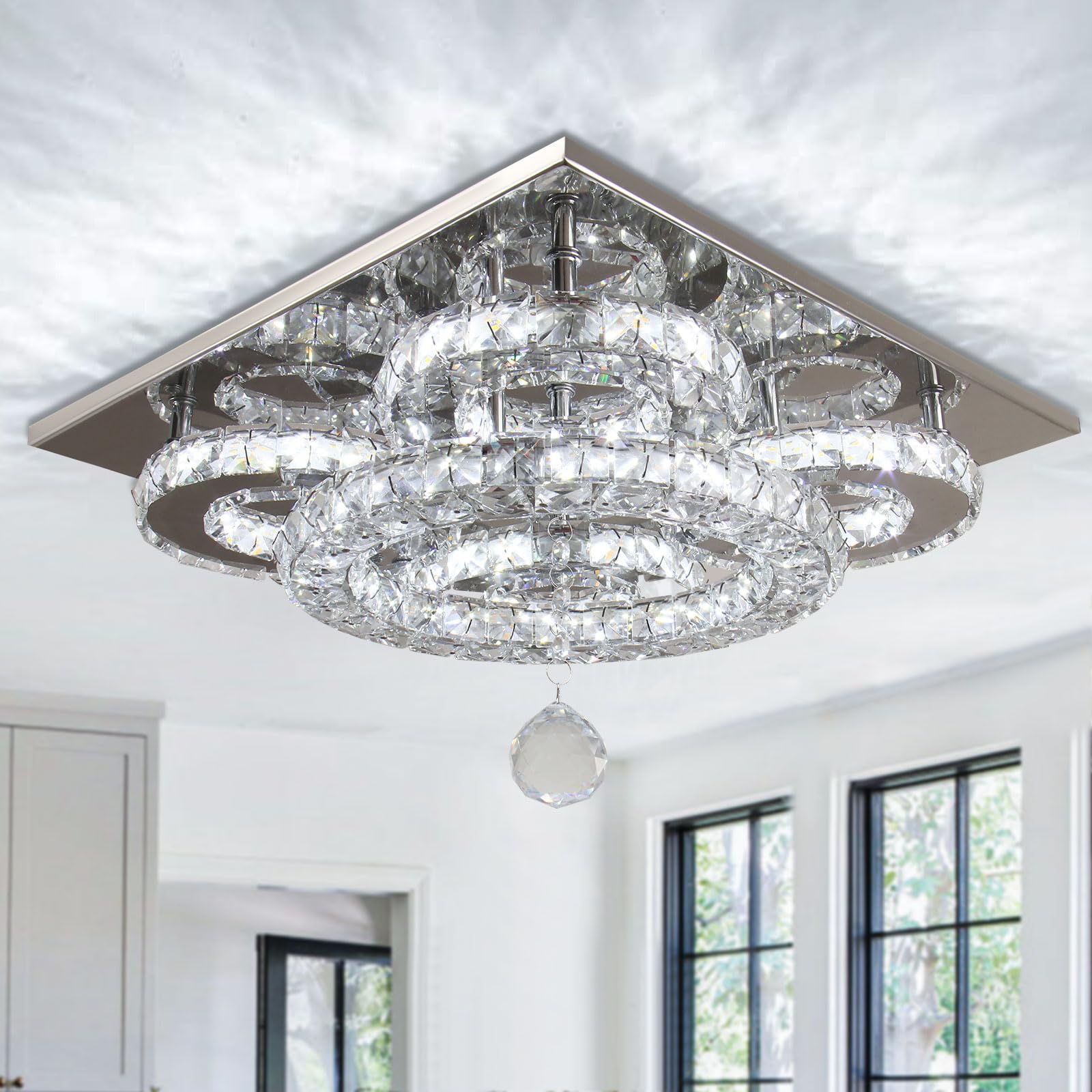 Cainjiazh Modern Crystal Chandelier, 5-Ring LED Flush Mount Ceiling Light, Crystal Ceiling Lamp with Stainless Steel Base for Li