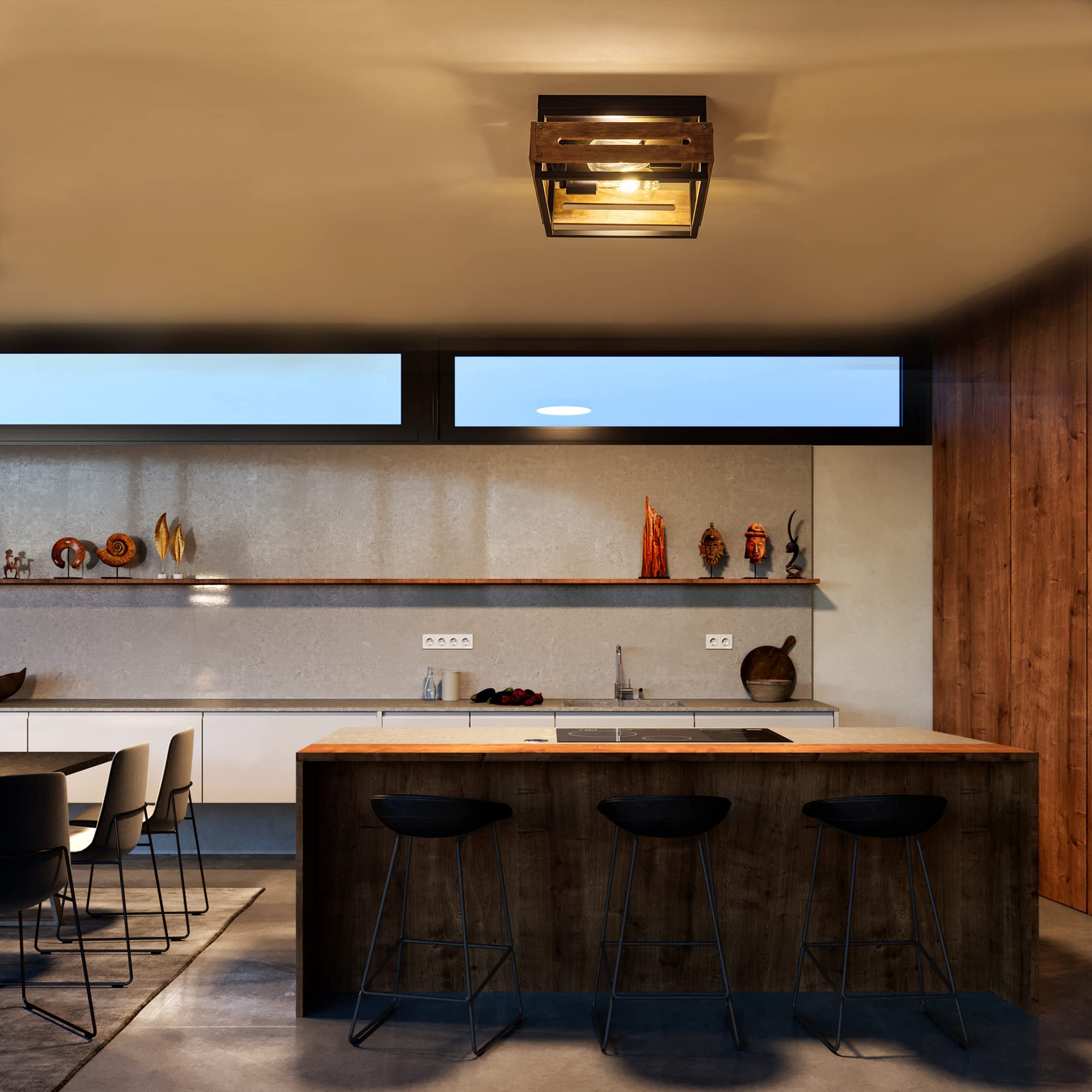 Mayful Flush Mount Ceiling Light, Rustic Ceiling Light Fixture With Black Metal And Wood Design, 2-Light Farmhouse Light Fixture