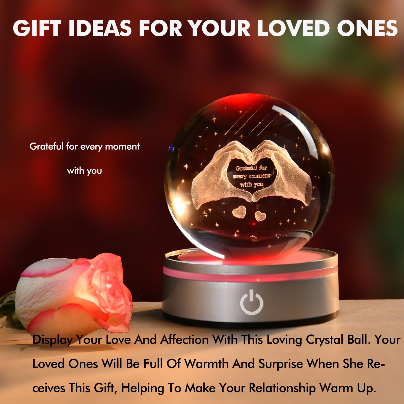 Ifolaina 3D Heart Crystal Ball Grateful Gifts For Mom Wife 3.15 Engraved Glass Love Hands Sphere Decor Gifts For Mothers Day Anniversary Birthday Crystal Heart Hands Lamp