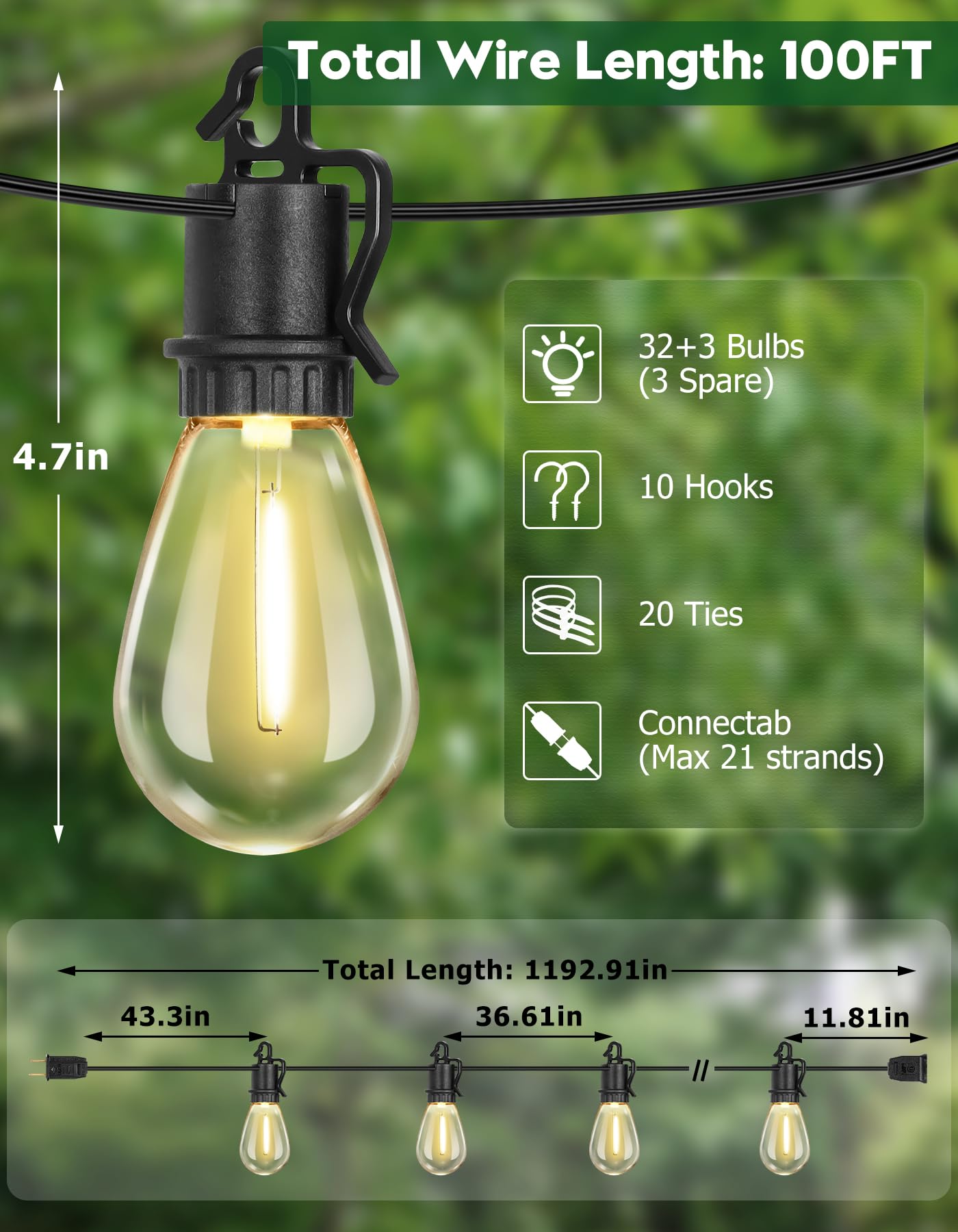 Tdlol 100Ft Outdoor String Lights Waterproof, Patio Lights With 35 S14 Shatterproof Sockets, Connectable Hanging Outdoor Lights,