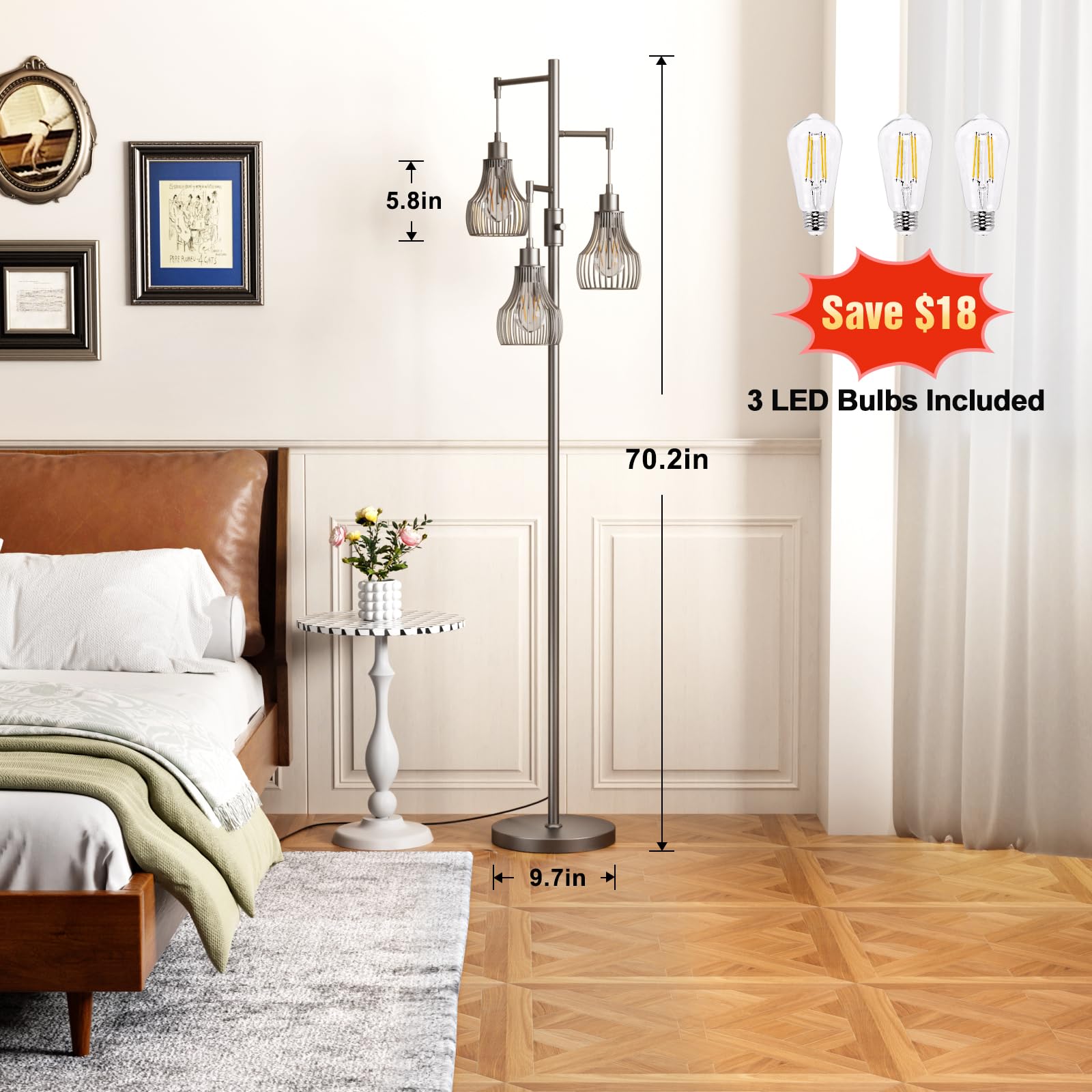 Ziisee Dimmable Floor Lamps For Living Room, Industrial Tree Standing Tall Lamps With 3 Elegant Cage Shade For Bedroom Office -