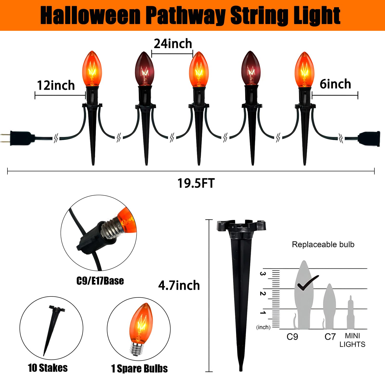Egcol 19.5Ft Halloween Pathway Lights, 10 Pack C9 Orange & Black Bulbs, Connectable, Ul Listed, Outdoor Garden Yard Driveway Law