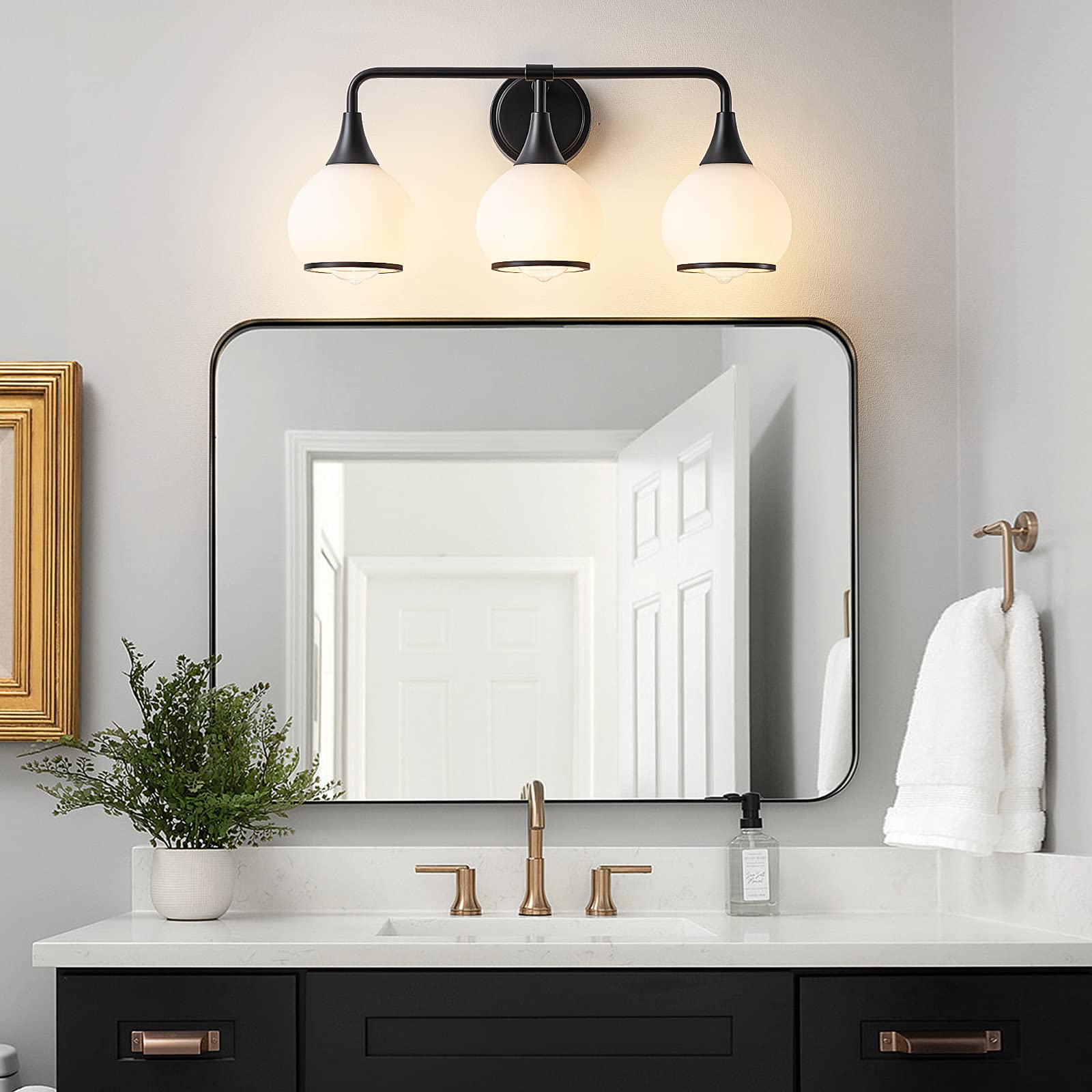 Hahzt Black Bathroom Light Fixtures 3-Lights Vanity Lights With Milky White Frosted Glass Shade Bathroom Vanity Light 22.4 Inch