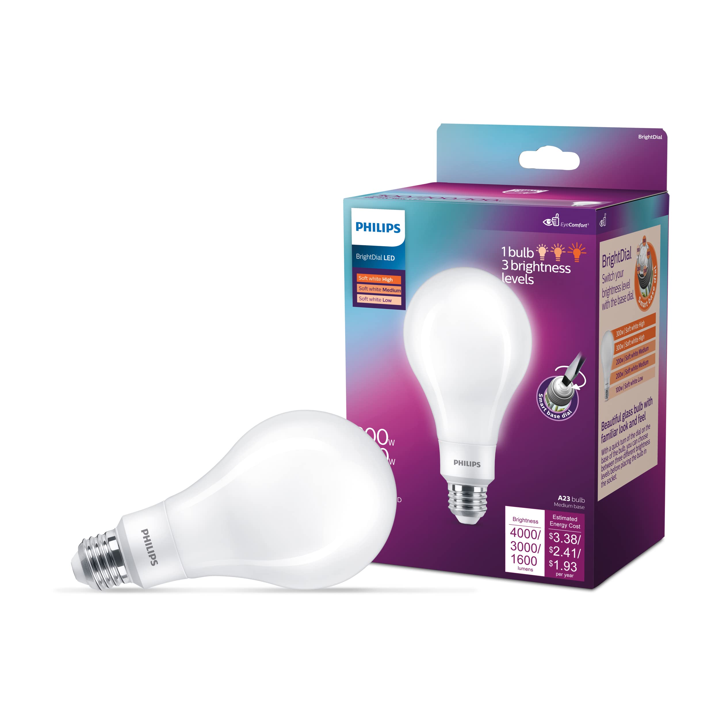 Philips LED A23 Bulb, Non-Dimmable, 4000-3000-1600 Lumen, Soft White (2700K), E26 Base, 1-Pack, Model