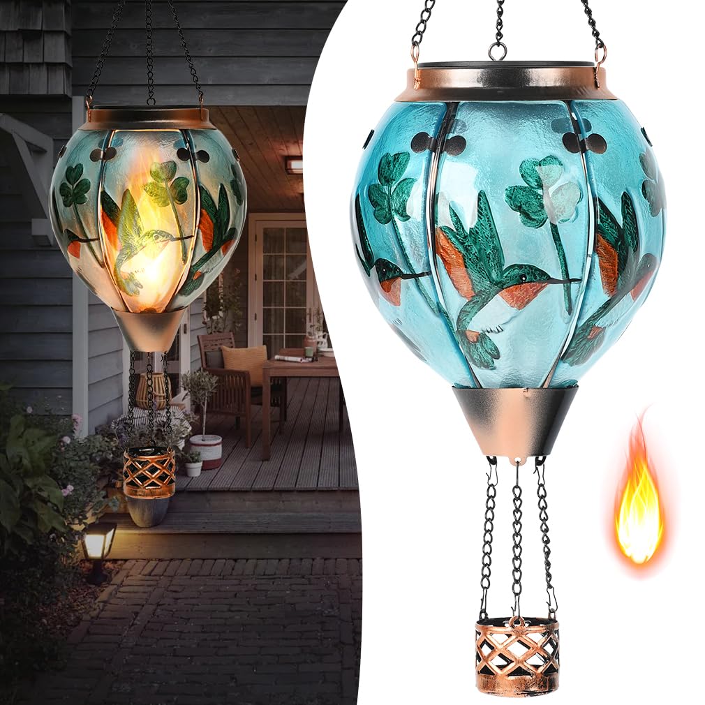 Hot Air Balloon Solar Lantern - Hummingbird Glass Lantern  Simulated Flickering & Dancing Flame  Outdoor Hanging Shamrock Yard Light Waterproof Ip65 For Patio Lawn Porch Decor Irish Gift