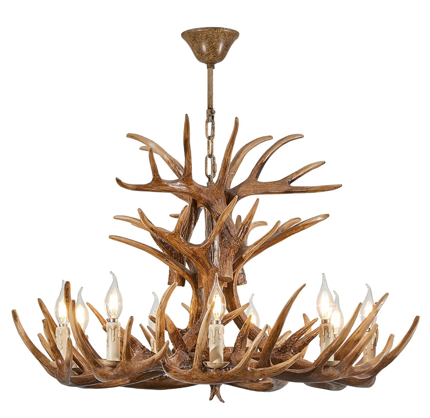 Afficat Vintage Antler Chandelier Lighting 9-Light Deer Antler Ceiling Light Fixture with Chain Mount, Brown Art Deco Lighting f