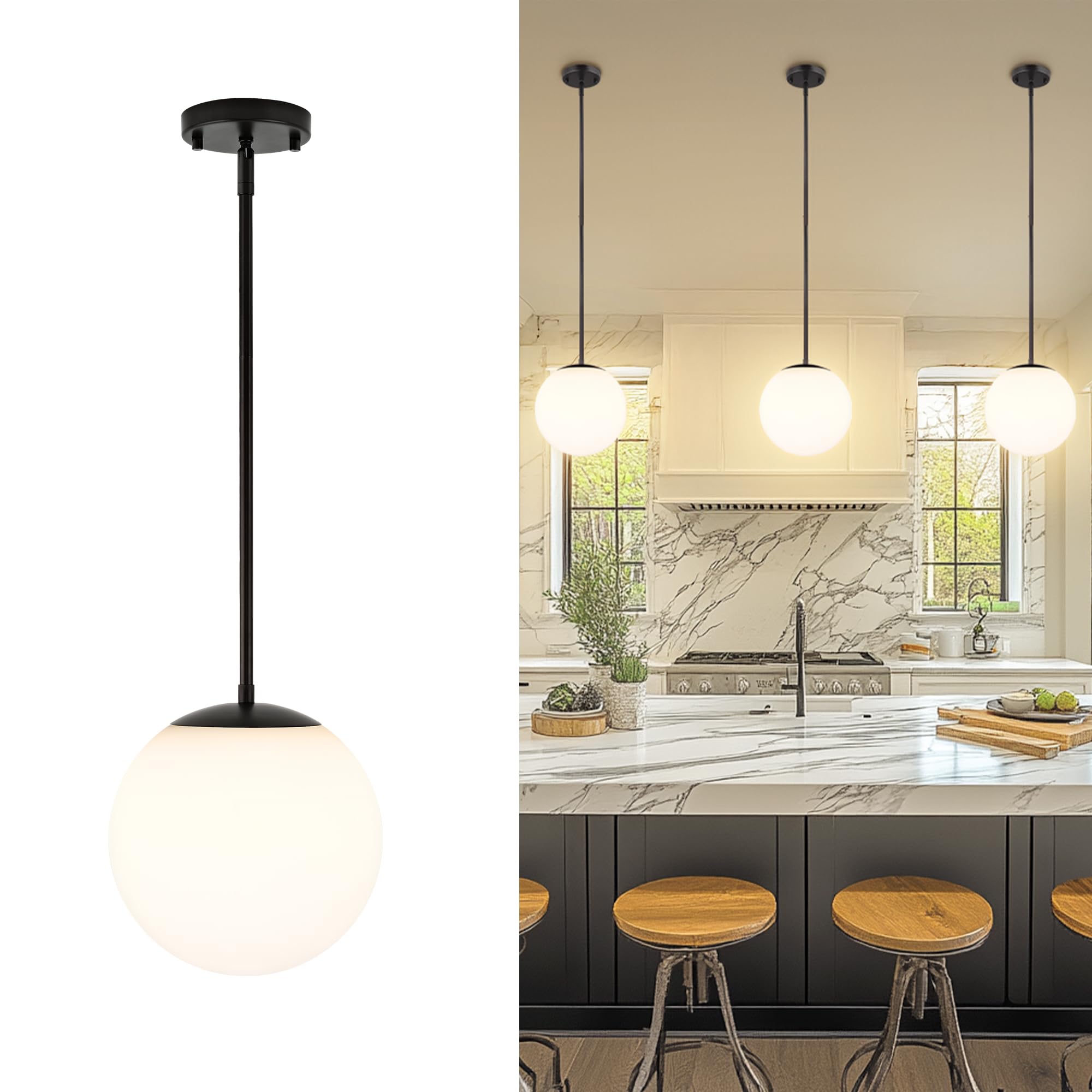 LMS 10 Inch Globe Pendant Lights  Matte Black Mid Century Kitchen Island Light Fixtures with White Globe Glass Shade  Adjustable Hanging Rod  Bar Kitchen Bedroom  LMS-186PL-BKW-10