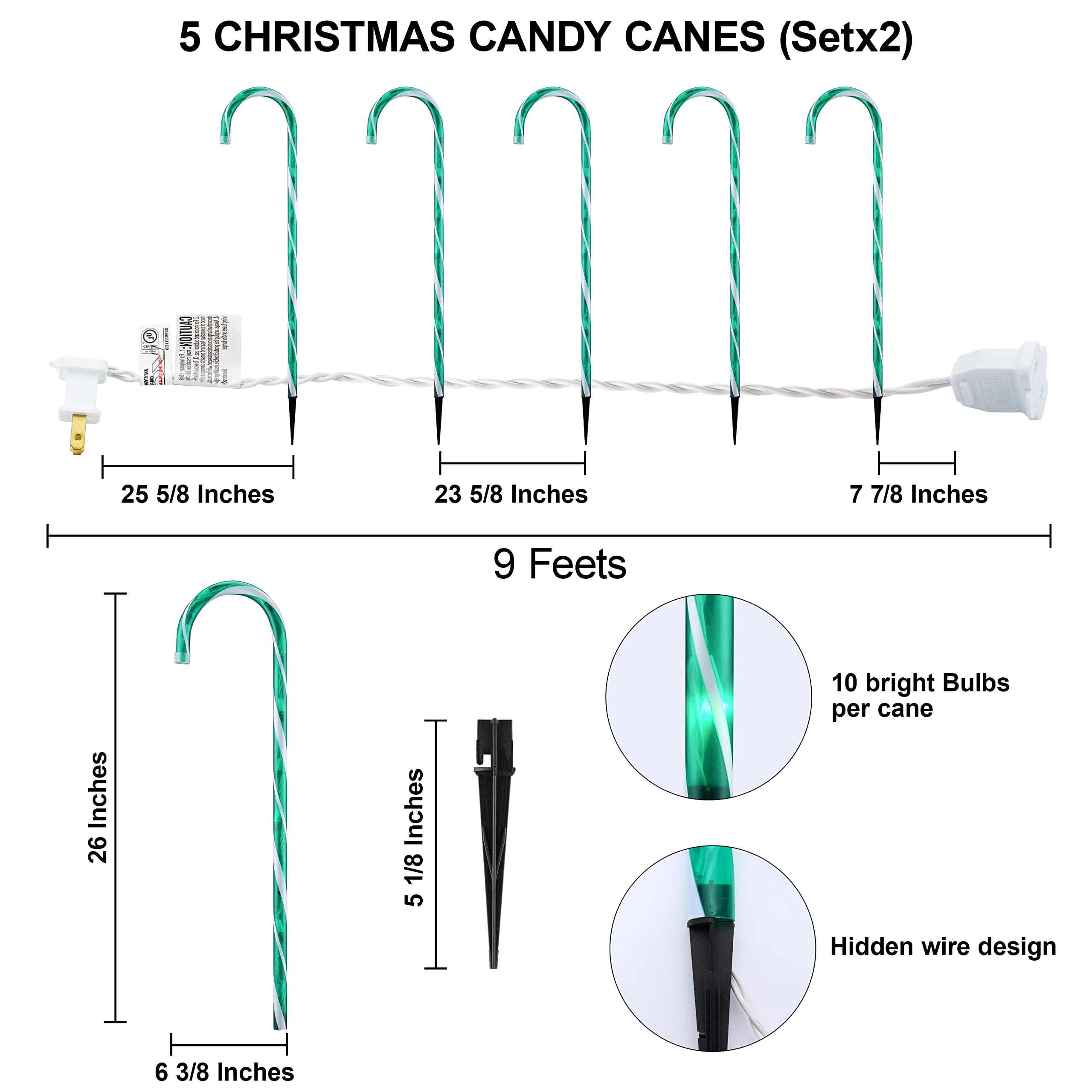 10'' Christmas Candy Cane Lights For Landscape Decoration, Pathway Makers Led Lights (Include Stakes) (Green, 26-10Pcs)