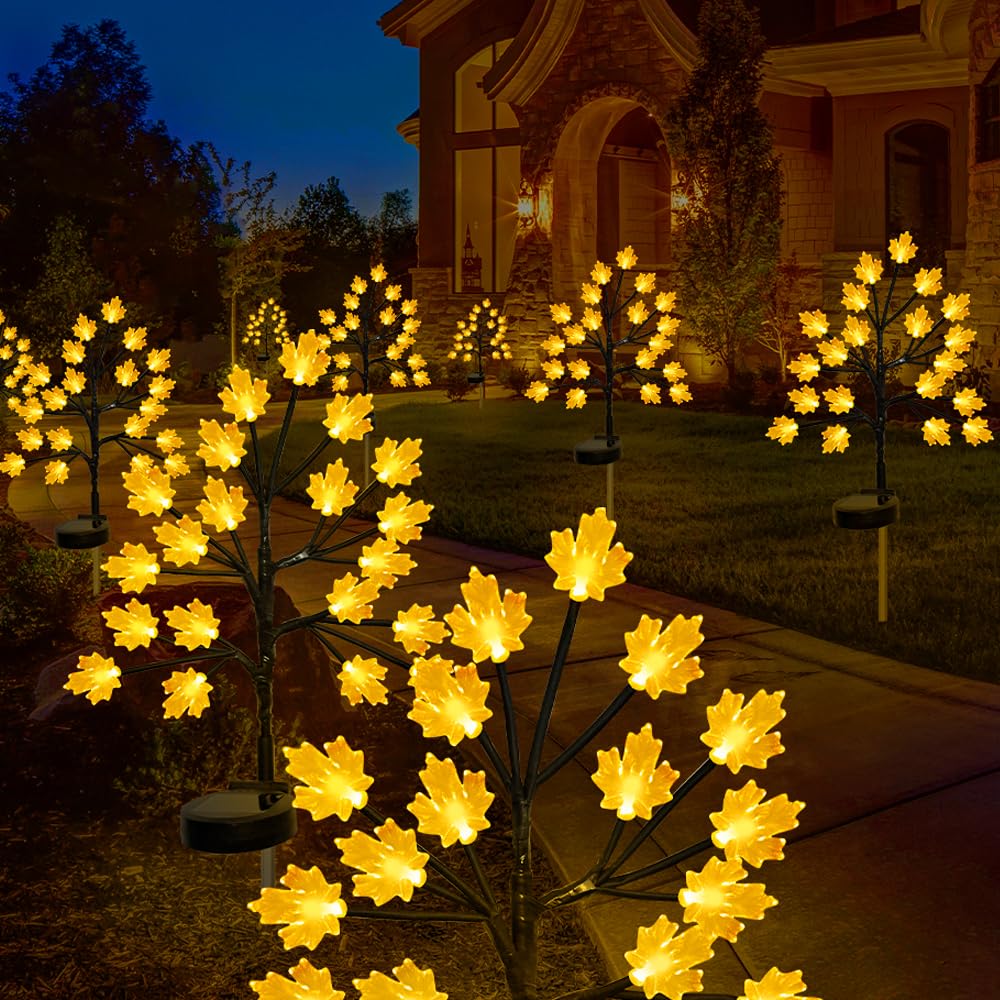 Solar Fall Lights For Thanksgiving Day Decorations Outdoor,2Pack 40Led Artificial Maple Tree For Fall Party Gifts Décor Outside Lights,Solar Thanksgiving Path Lights For Home Fall Autumn Decor Orange