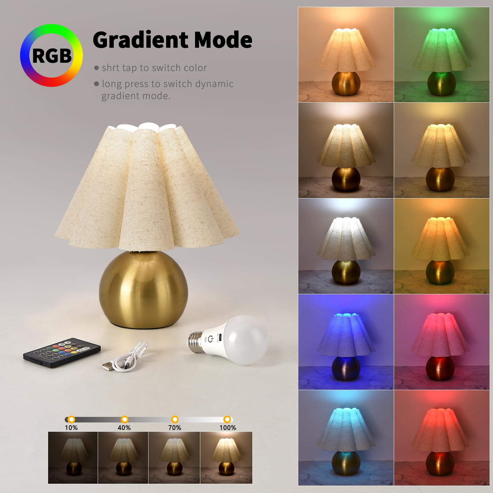 Ziqqeelam Rechargeable Crodless Small Table Lamp, Battery Operated Remote Control Gold Mini Table Lamps for Bedroom Nightstand,