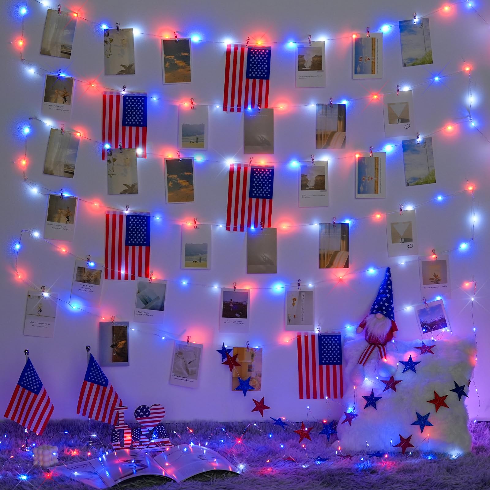 Jmexsuss 200 Led 4Th Of July Fairy Lights, Red White And Blue Lights Indoor With Wheel, 8 Modes Remote Control Twinkle Patriotic