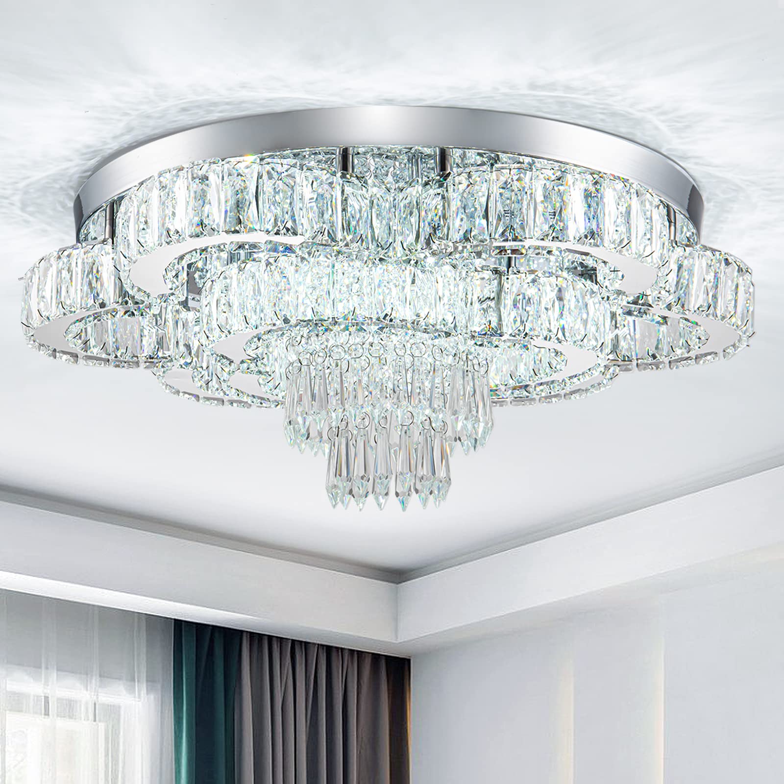 HongnuoFc Crystal Chandelier LED Flush Mount Light, 21 Inch, Stainless Steel, Cool White, Model HN-US-500DLHBJZ
