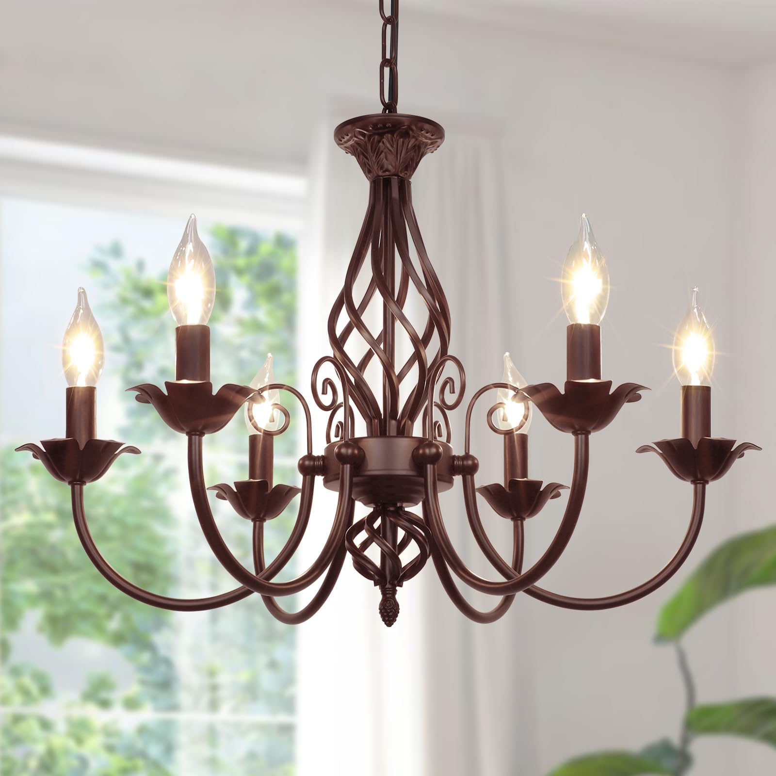 6-Light Farmhouse Candle Chandelier for Living Room, Rustic Industrial Pendant Ceiling Light fixture, Vintage Hanging Lamp for B