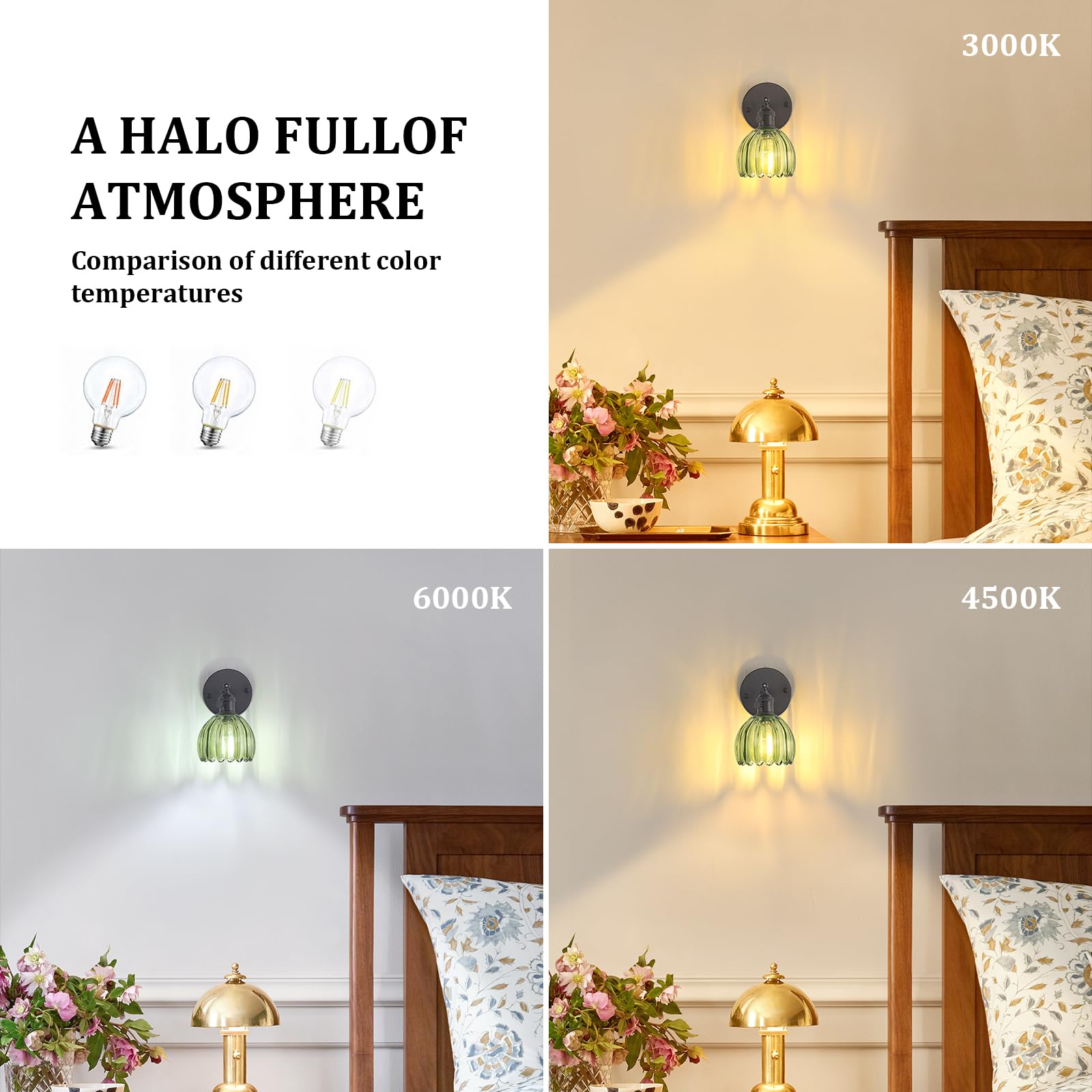 Shenmoyl Vintage Wall Sconce - Green Tulip Glass, Adjustable, Hardwired, 1 Light, Black Base, Model 1-9412